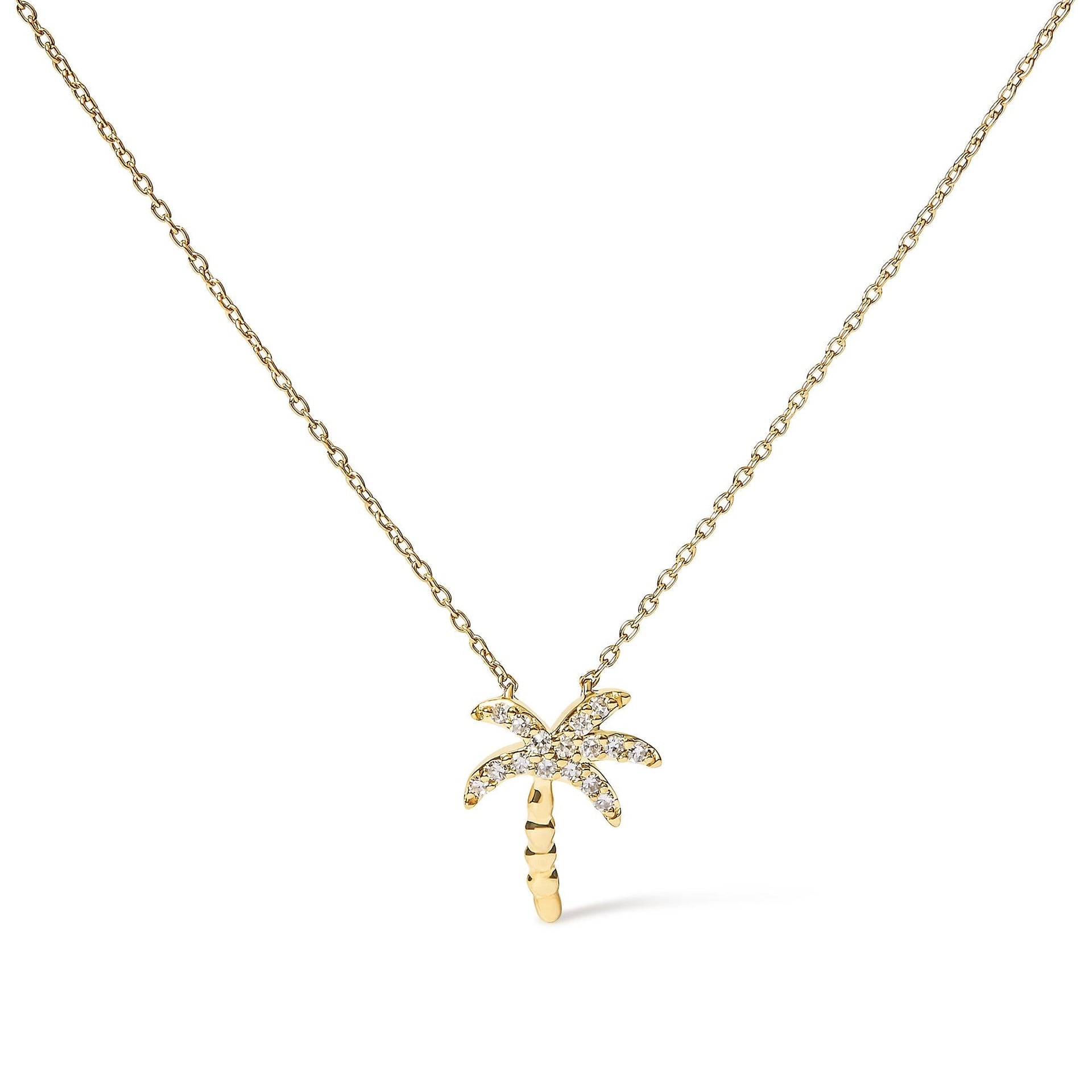 10K Yellow Gold 1/10 Cttw Round Diamond Palm Tree 18' Inch Pendant Necklace (H-I Color, I1-I2 Clarity)