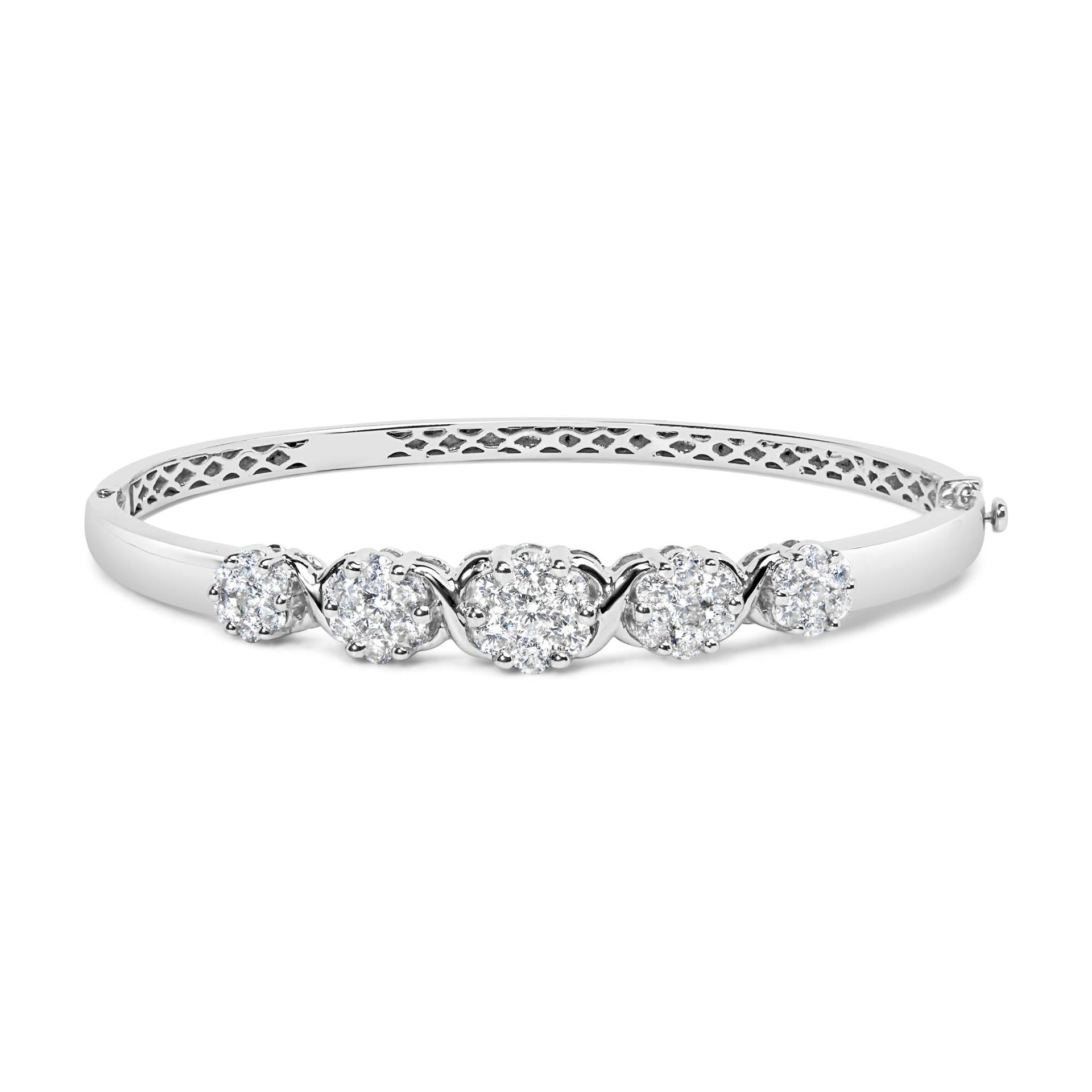 14K White Gold 2 1/2 Cttw Diamond Graduating Floral Cluster Bangle Bracelet (H-I Color, SI1-SI2 Clarity) - Fits Wrists up to 7.25'