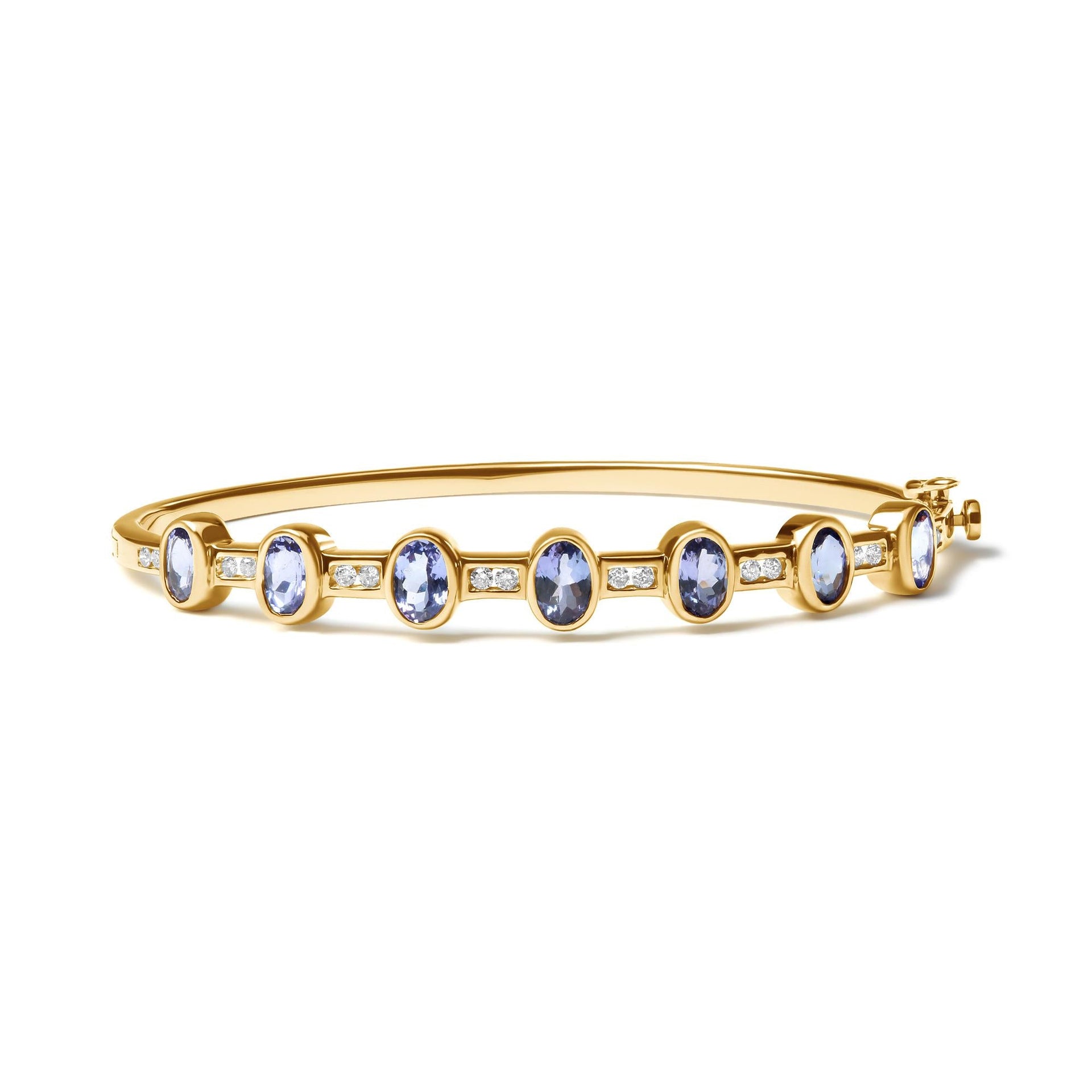 14K Yellow Gold 1/3 Cttw Round-Cut Diamond and 5MM Oval-Cut Blue Tanzanite Gemstone Bangle Bracelet (H-I Color, I1-I2 Clarity) - Size 7' Inches