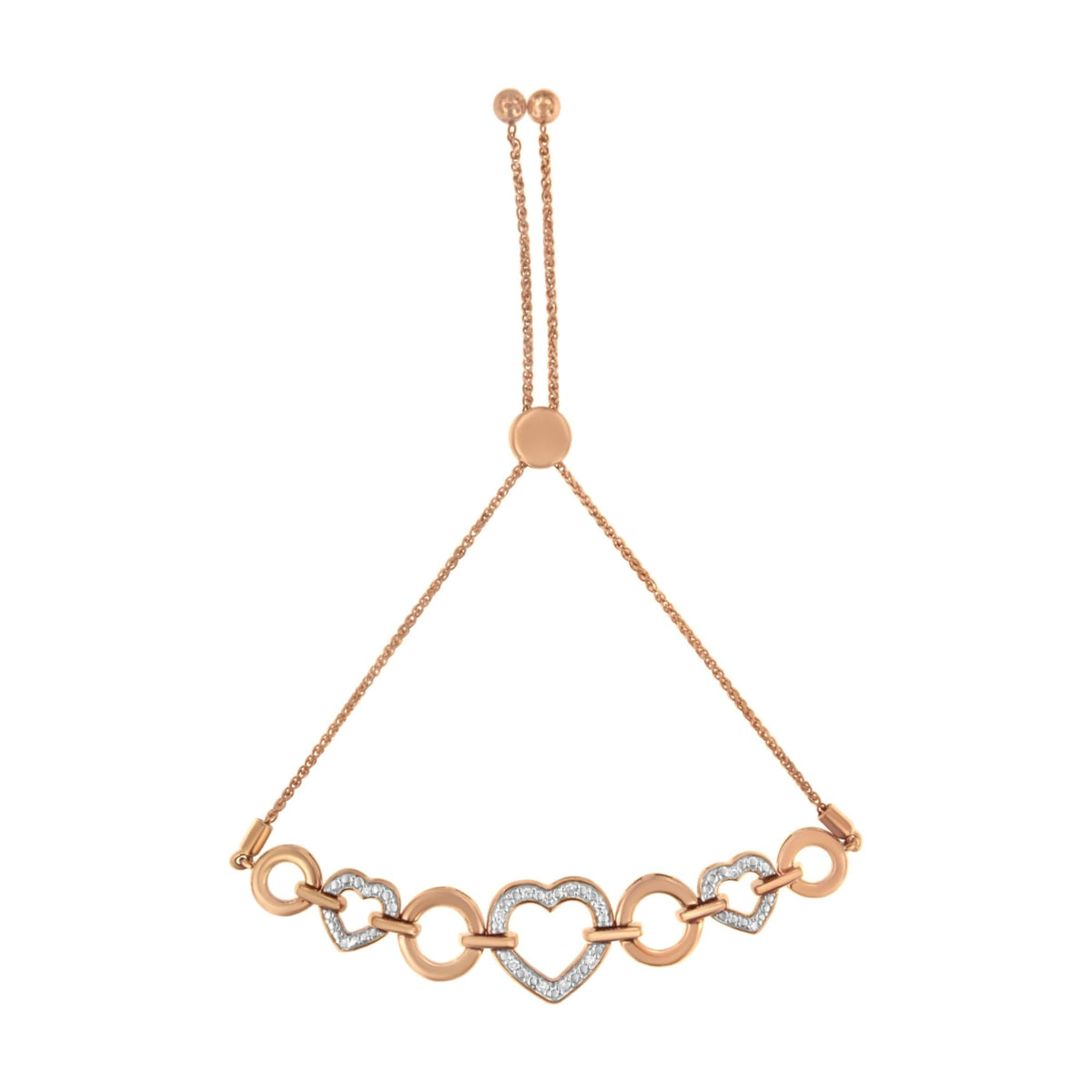 10K Rose Gold over .925 Sterling Silver 1/10 Cttw Round-Cut Diamond Heart Link Adjustable Bolo Bracelet (H-I Color, I2-I3 Clarity) - 6'-9' Adjustable