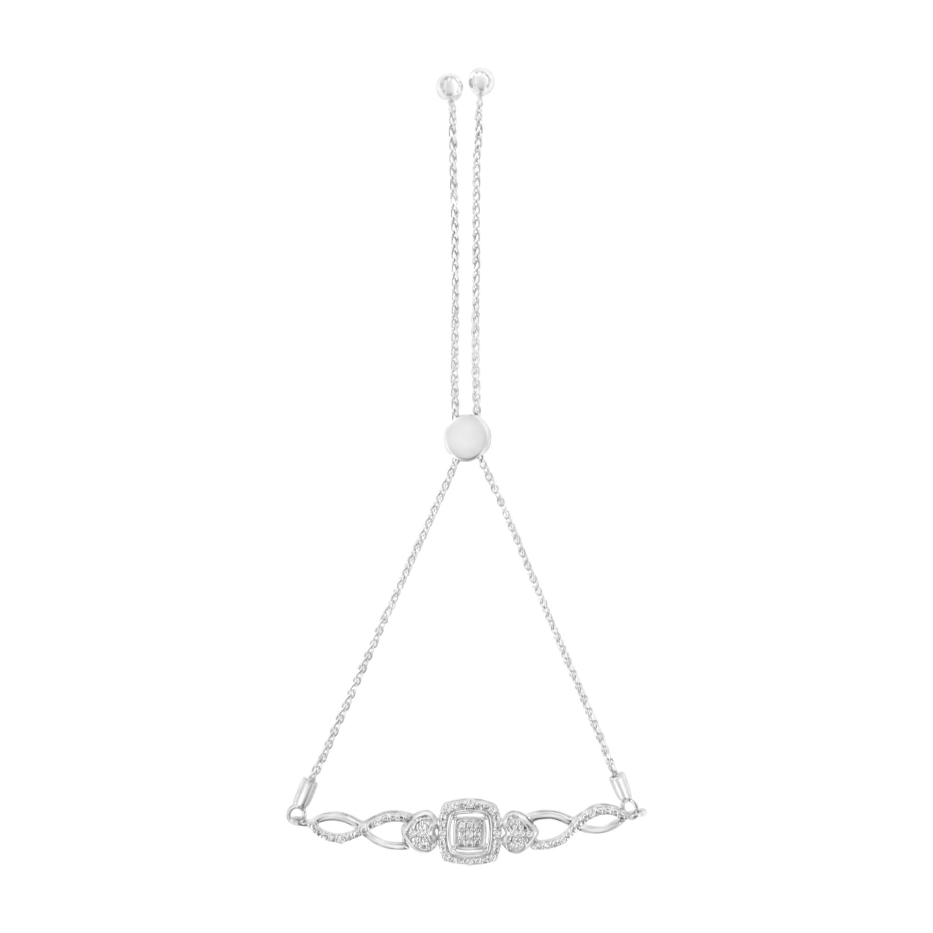 .925 Sterling Silver Diamond Cushion Frame Heart-Sides Twist 4”-10” Adjustable Bolo Tennis Bolo Bracelet (I-J Color, I3 Clarity)