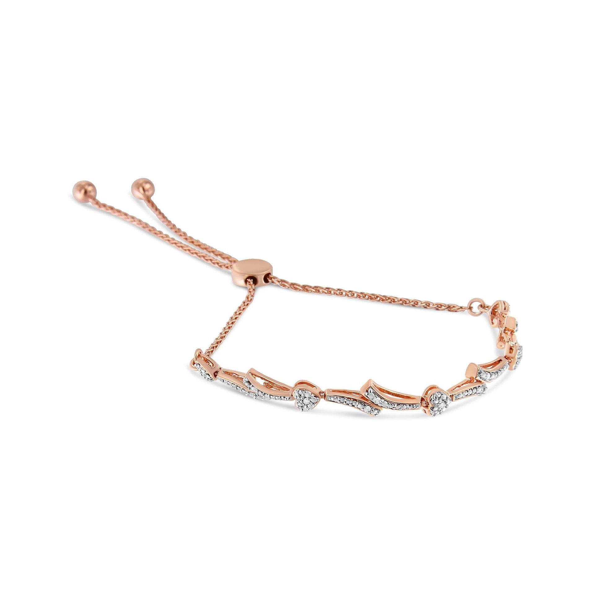 .925 Sterling Silver Diamond Accent Heart and Wave Link Bolo Bracelet (I-J Color, I2-I3 Clarity) - 6' to 9' Adjustable