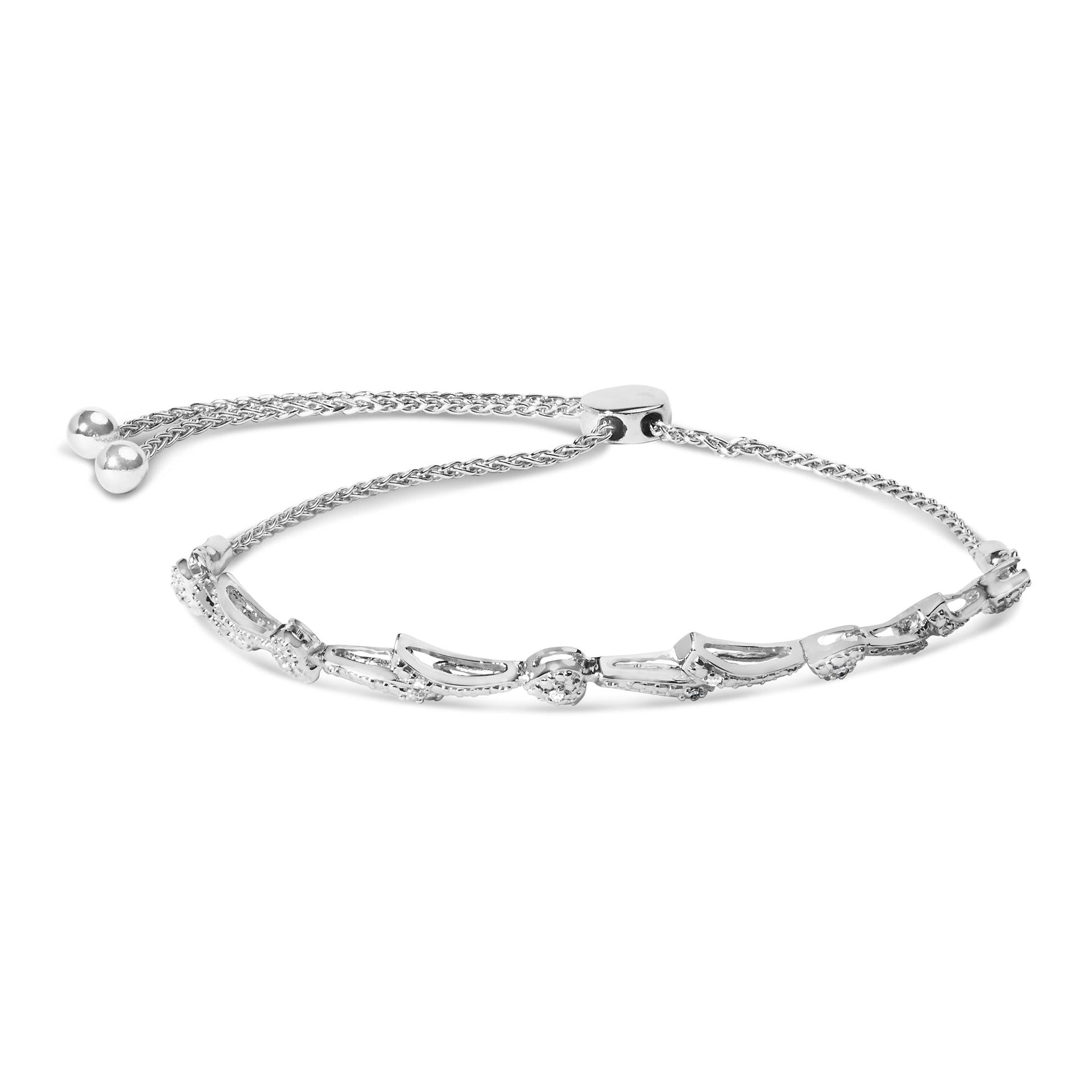 .925 Sterling Silver Diamond Accent Heart and Wave Link Bolo Bracelet (I-J Color, I2-I3 Clarity) - 6' to 9' Adjustable
