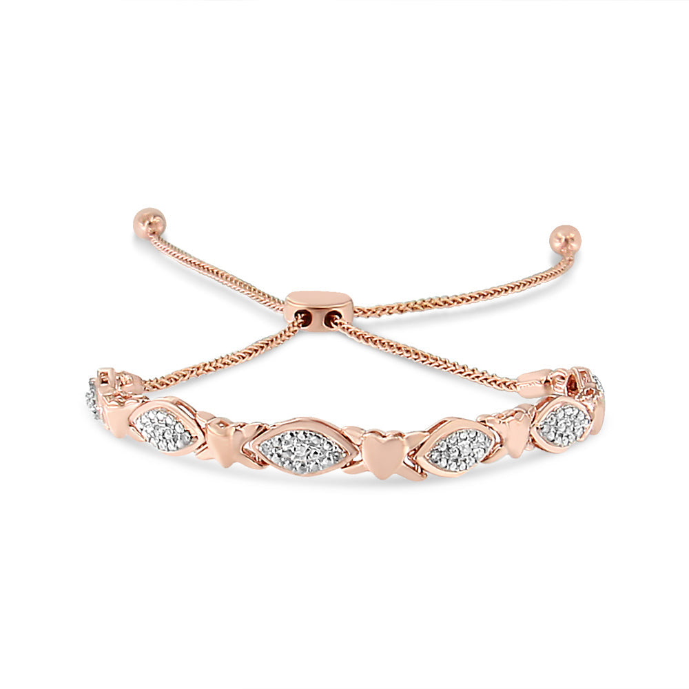 .925 Sterling Silver Diamond Accent Alternating Marquise Shape and Heart Links Bolo Bracelet (I-J Color, I3 Clarity) - Adjustable 6' to 9'