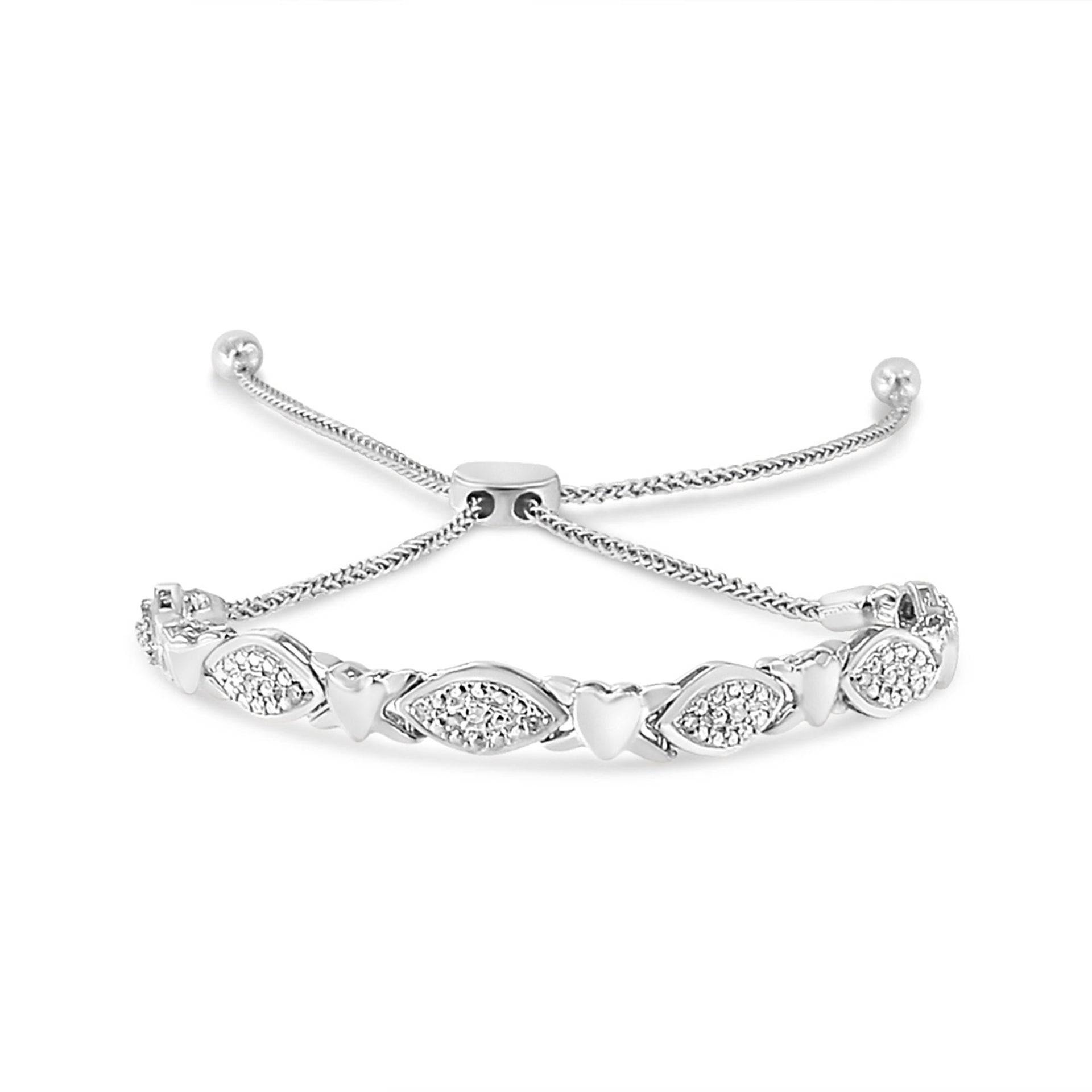 .925 Sterling Silver Diamond Accent Alternating Marquise Shape and Heart Links Bolo Bracelet (I-J Color, I3 Clarity) - Adjustable 6' to 9'