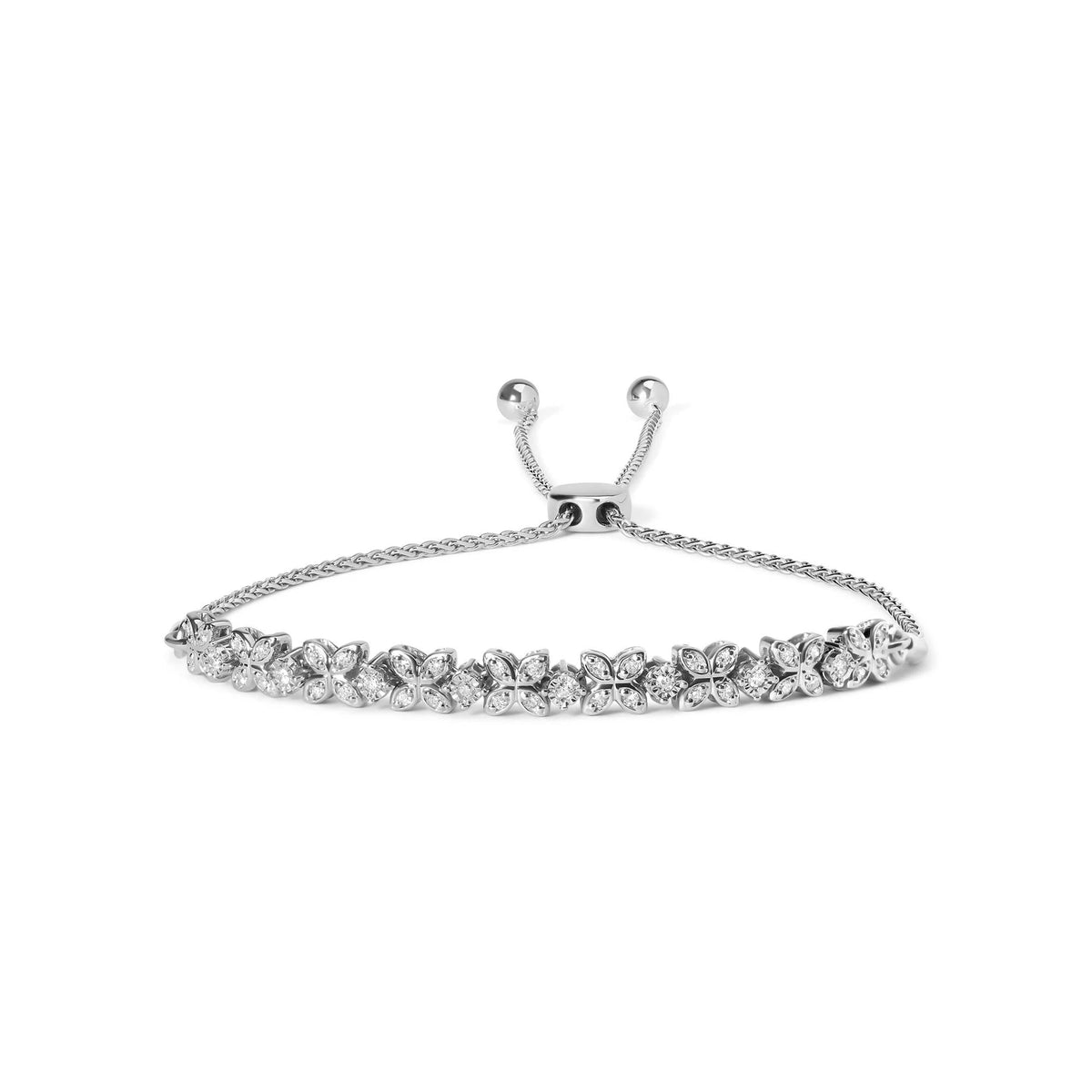 .925 Sterling Silver 1/4 Cttw Diamond Marquise Shaped Link 4'-10' Adjustable Bolo Bracelet (I-J Color, I1-I2 Clarity)