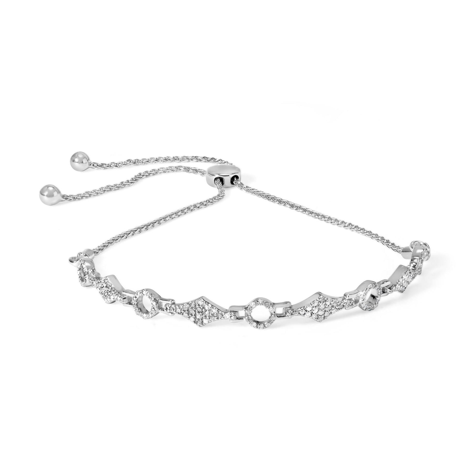 .925 Sterling Silver 1/2 Cttw Diamond Alternating Circle and Kite Link Adjustable Bolo Bracelet (I-J Color, I3 Clarity) - 4' to 10' Inches