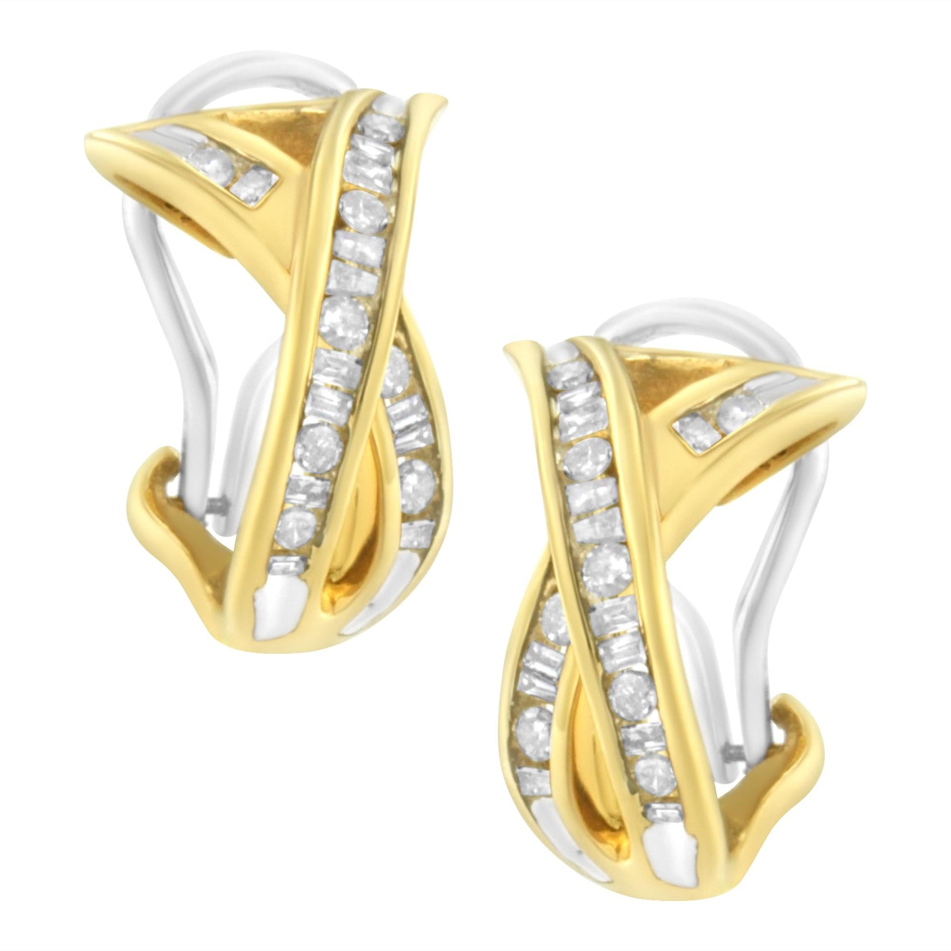 14K Yellow and White Gold 1/2 TDW 'X' Shape Cross Over Diamond Hoop Earrings (I-J, I2-I3)