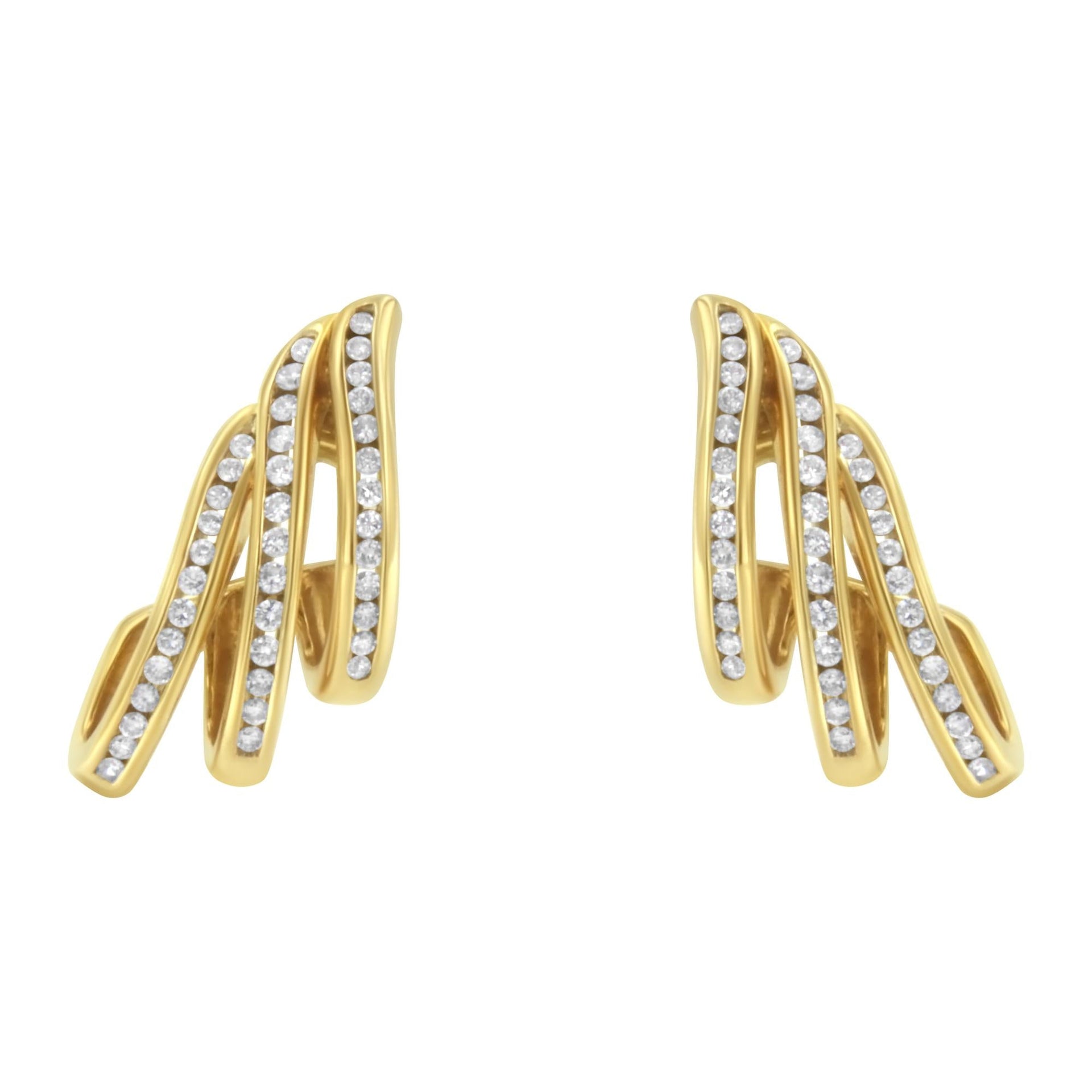 10K Yellow Gold 1.0 Cttw Round Brilliant Cut Diamond Spiral Multi Row Channel Set Open Hoop Pushback Stud Earrings (H-I Color, I1-I2 Clarity)