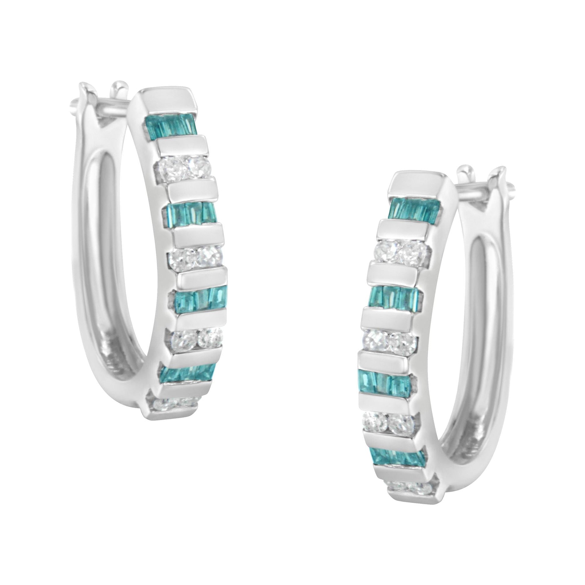 10k White Gold Round and Blue Baguette Diamond Hoop Earrings (0.50 cttw, I-J Color, I2-I3 Clarity)