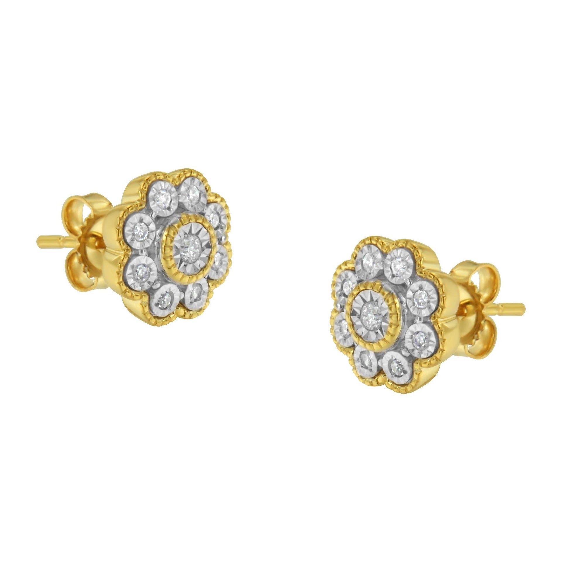 14K Yellow Gold Plated .925 Sterling Silver 1/6 Cttw Miracle-Plate Set Diamond Floral Stud Earrings (I-J Color, I2-I3 Clarity)