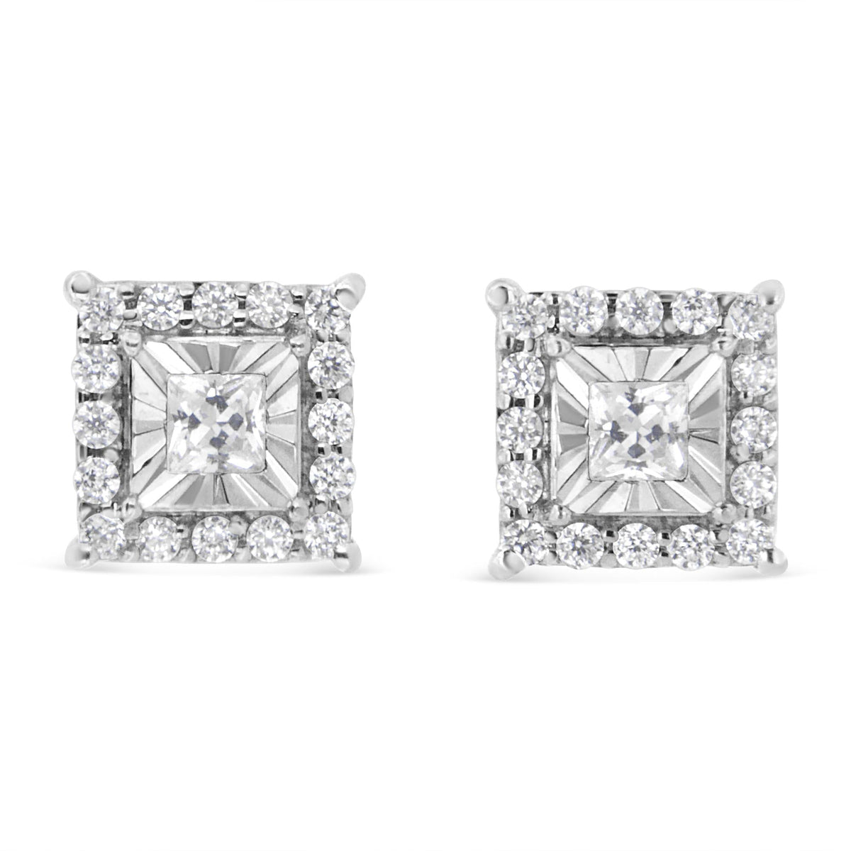 .925 Sterling Silver 1/4 Cttw Princess and Round Cut Diamond Halo Stud Earrings (I-J Color, I2-I3 Clarity)