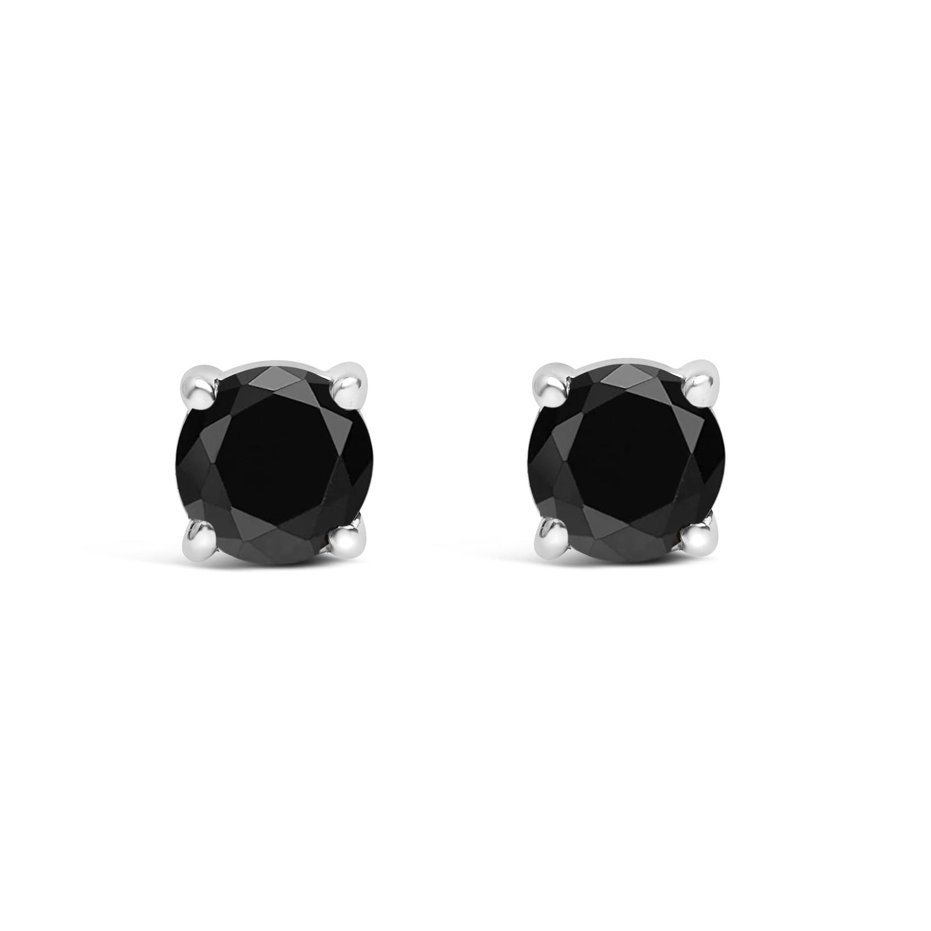 .925 Sterling Silver Black Diamond Solitaire Stud Earrings (Black Color, I2-I3 Clarity)