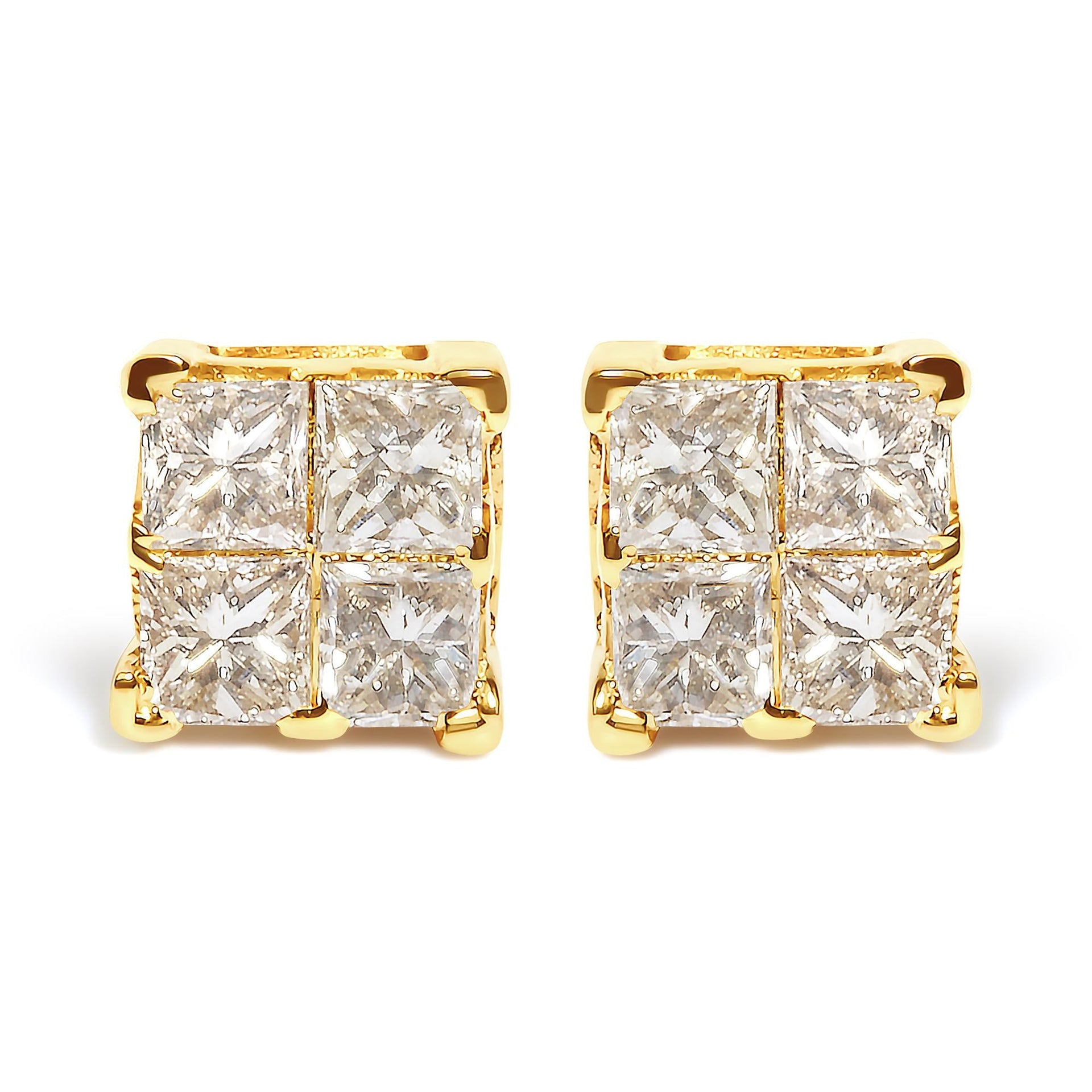 14K Yellow Gold 3/4 Cttw Invisible Set Princess-Cut Diamond 4 Stone Square Stud Earrings (J-K Color, SI2-I1 Clarity)