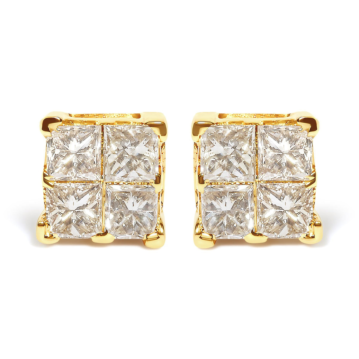 10K Yellow Gold 3/4 Cttw Invisible Set Princess-Cut Diamond Composite Square Stud Earrings (I-J Color, I2-I3 Clarity)