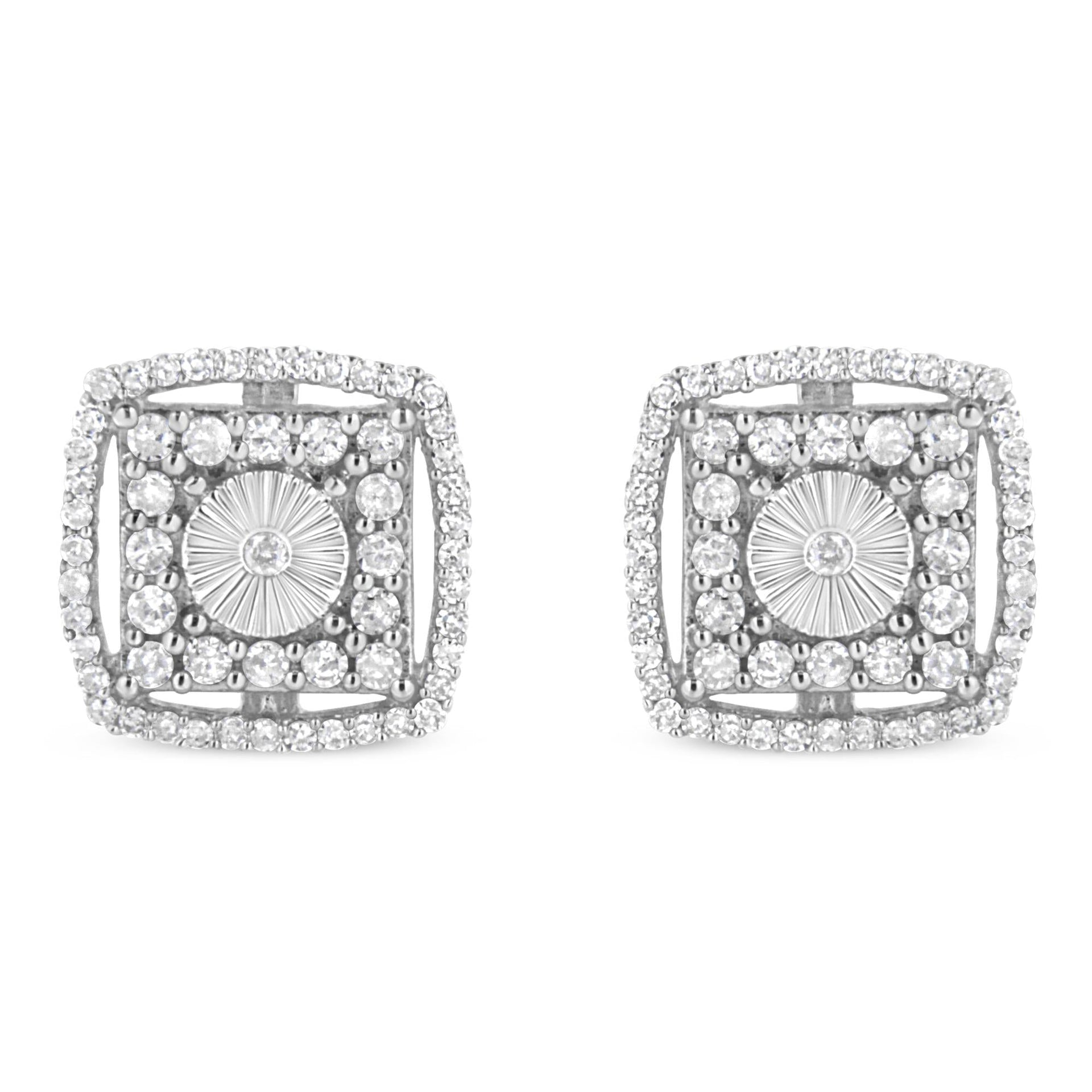 .925 Sterling Silver 1.0 Cttw Round Diamond Double Halo and Disc Stud Earring (I-J Color, I2-I3 Clarity)
