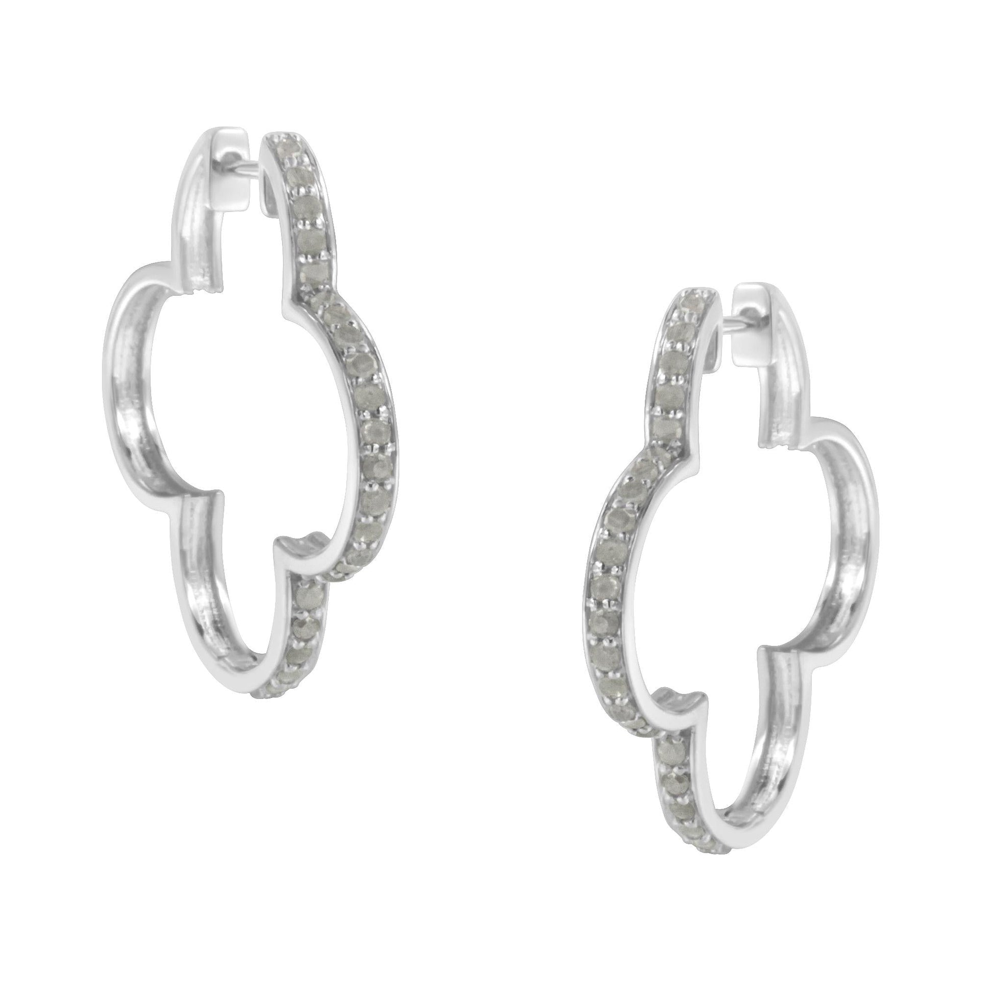.925 Sterling Silver 1.0 cttw Diamond 4 Leaf Clover Shape Hoop Earrings(I-J Color, I3 Clarity)