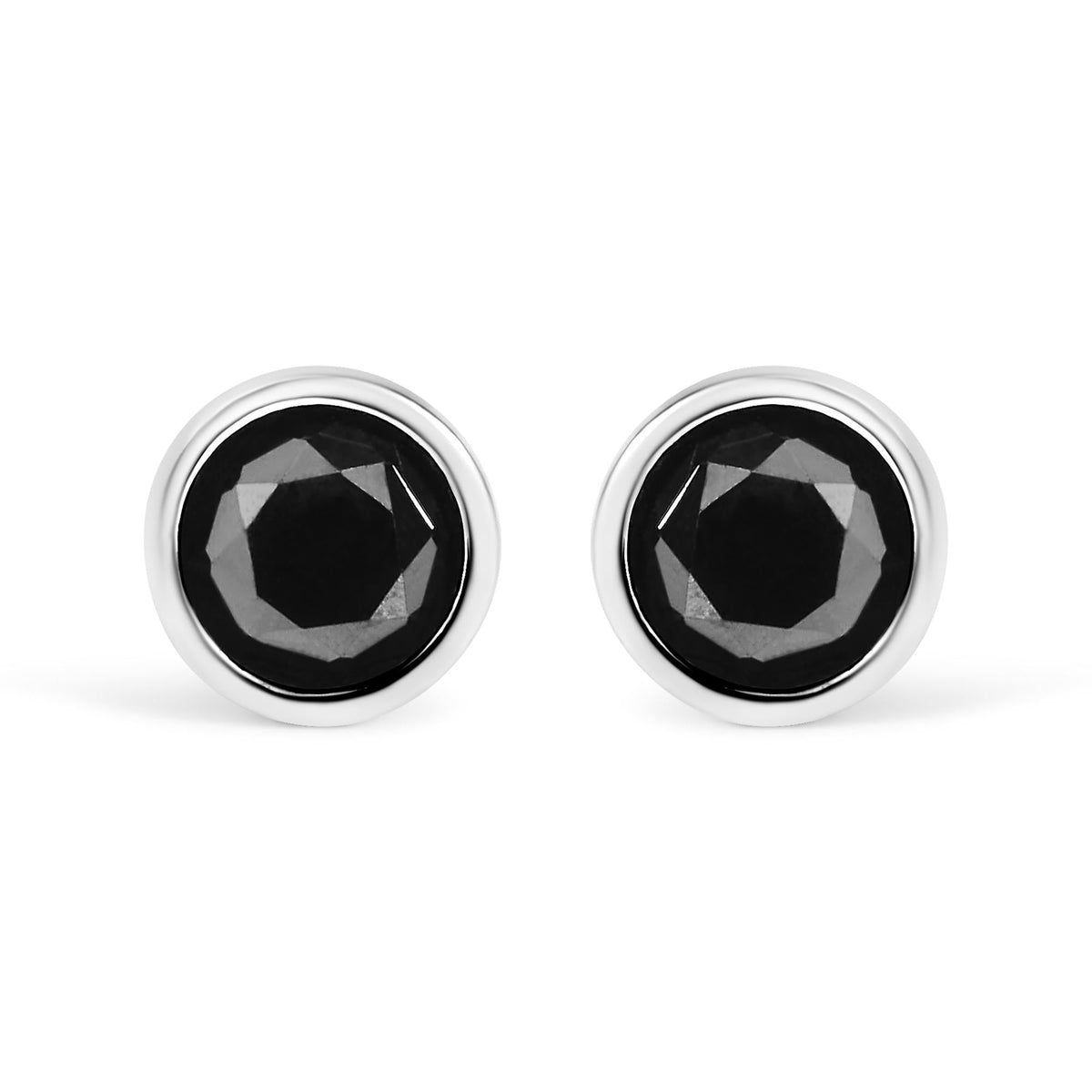 .925 Sterling Silver Round Brilliant-Cut Black Diamond Bezel-Set Stud Earrings with Screw Backs (Fancy Color-Enhanced, I2-I3 Clarity)