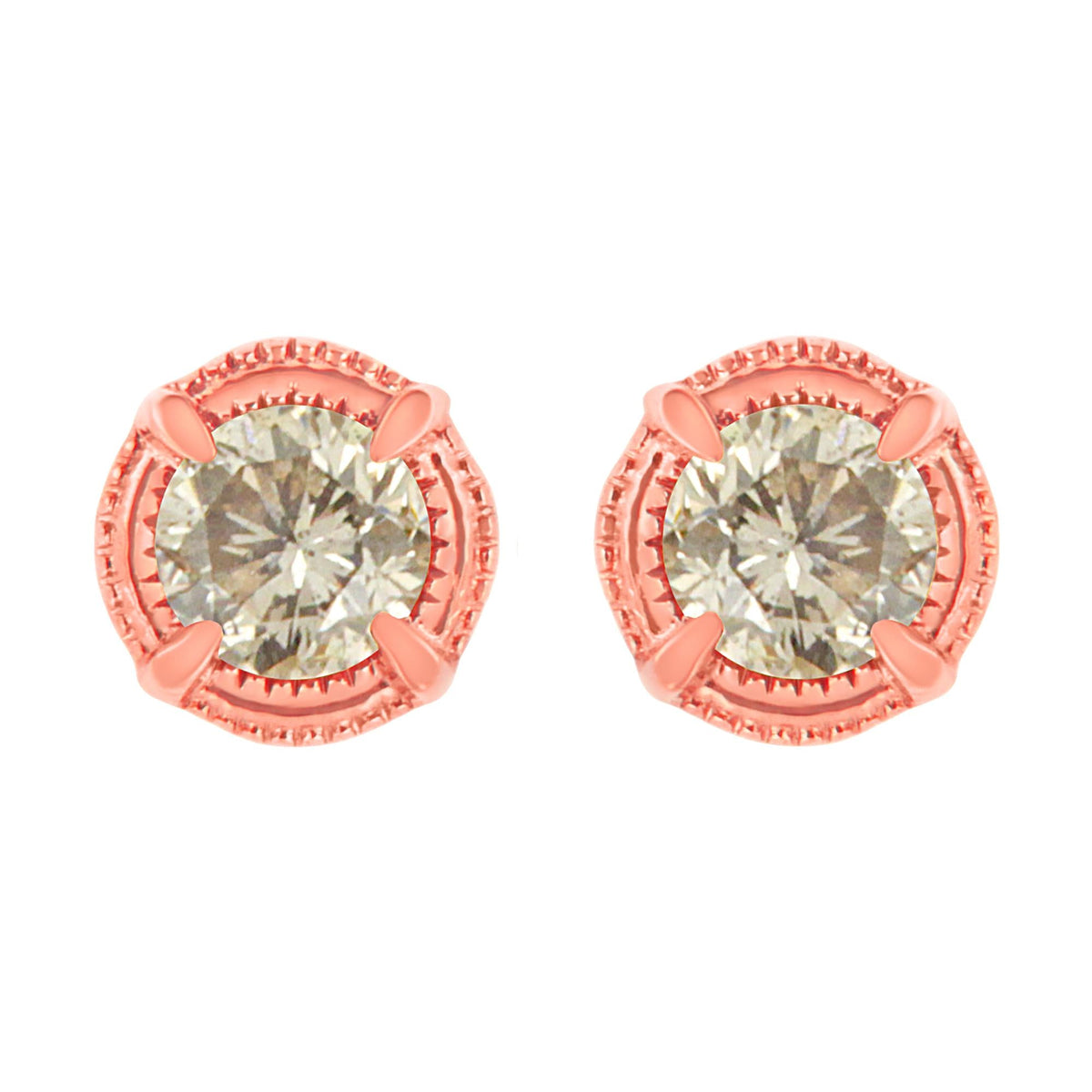 .925 Sterling Silver Round Brilliant Cut Diamond Solitaire Milgrain Stud Earrings