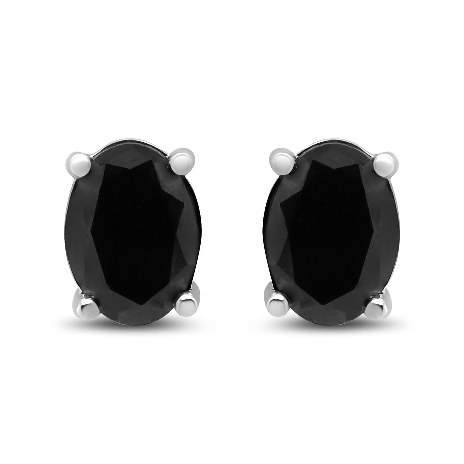 .925 Sterling Silver Prong Set Treated Black Oval Diamond Stud Earring (Black Color, I2-I3 Clarity)