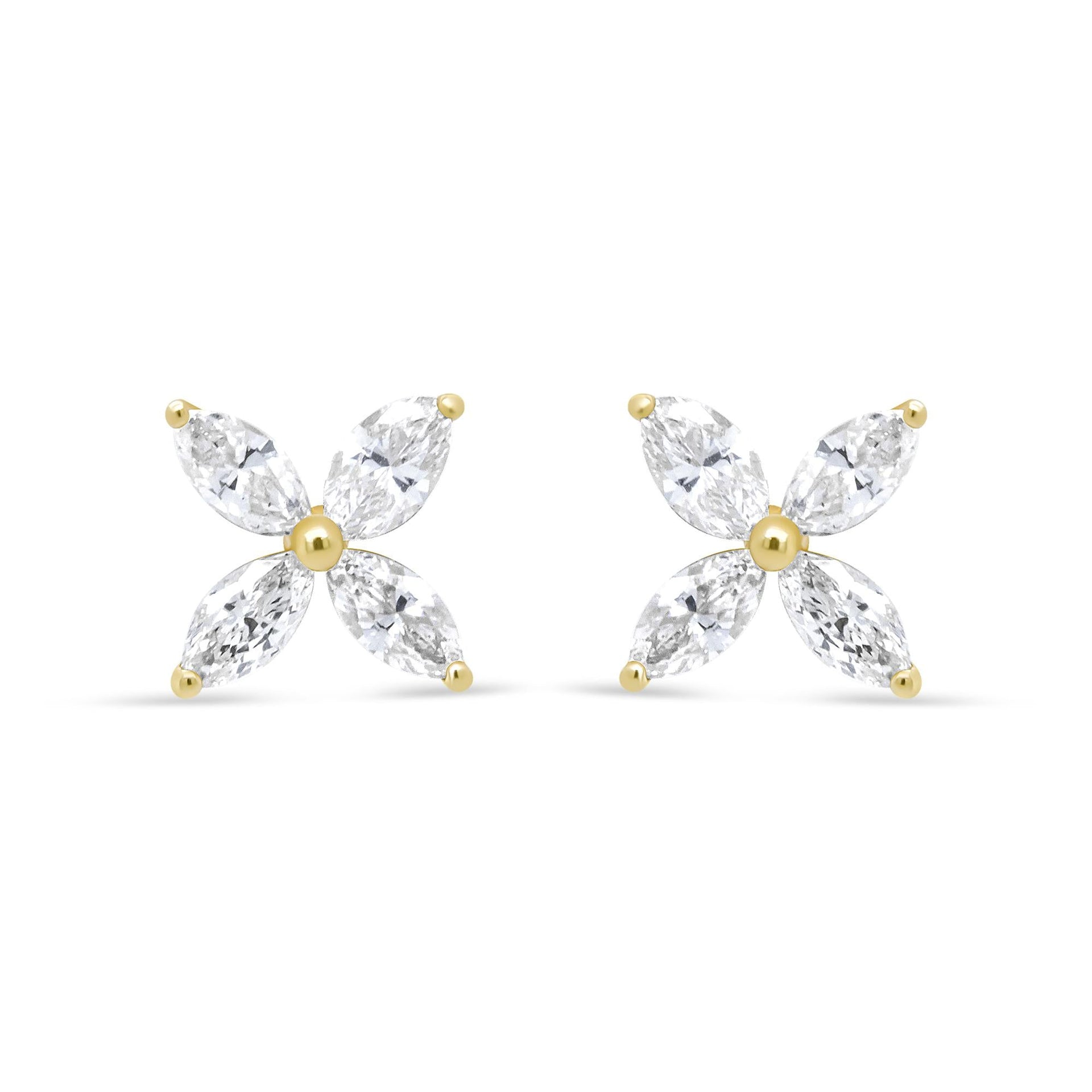 14K Gold Marquise Diamond 8 Stone Floral Leaf Stud Earrings (I-J Color, SI2-I1 Clarity)