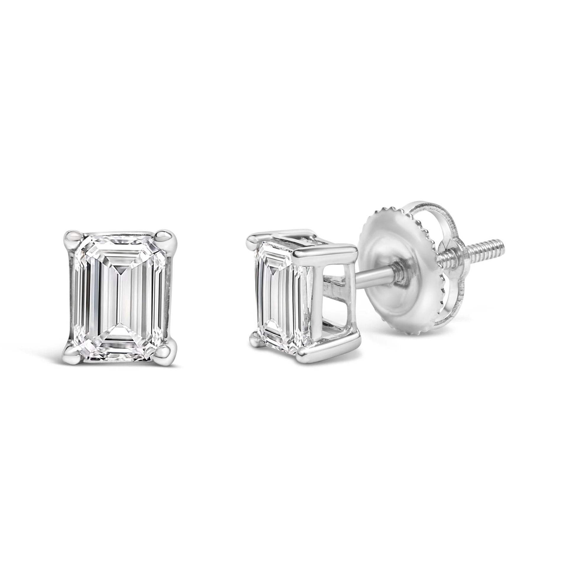 14K White Gold Emerald Cut Lab-Grown Diamond Solitaire Stud Earrings (F-G Color, VS1-VS2 Clarity)