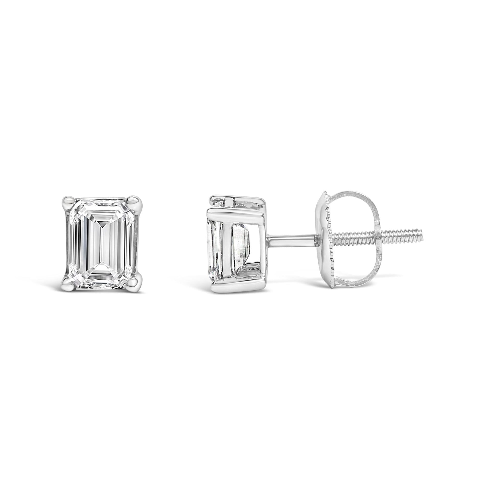 14K White Gold Emerald Cut Lab-Grown Diamond Solitaire Stud Earrings (F-G Color, VS1-VS2 Clarity)