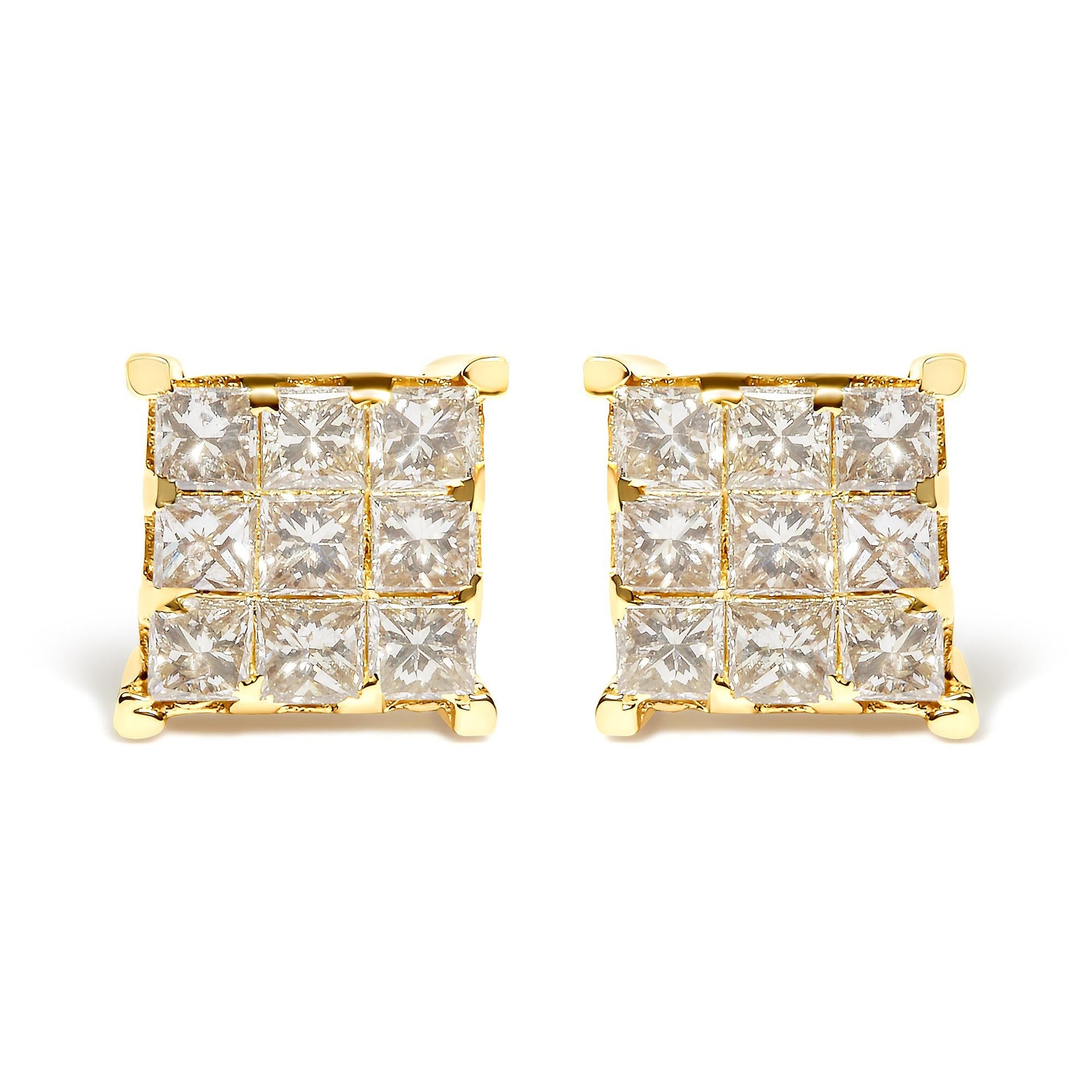 14K Yellow Gold 1 1/2 Cttw Invisible Set Princess-Cut Diamond 9 Stone Square Stud Earrings (J-K Color, SI2-I1 Clarity)