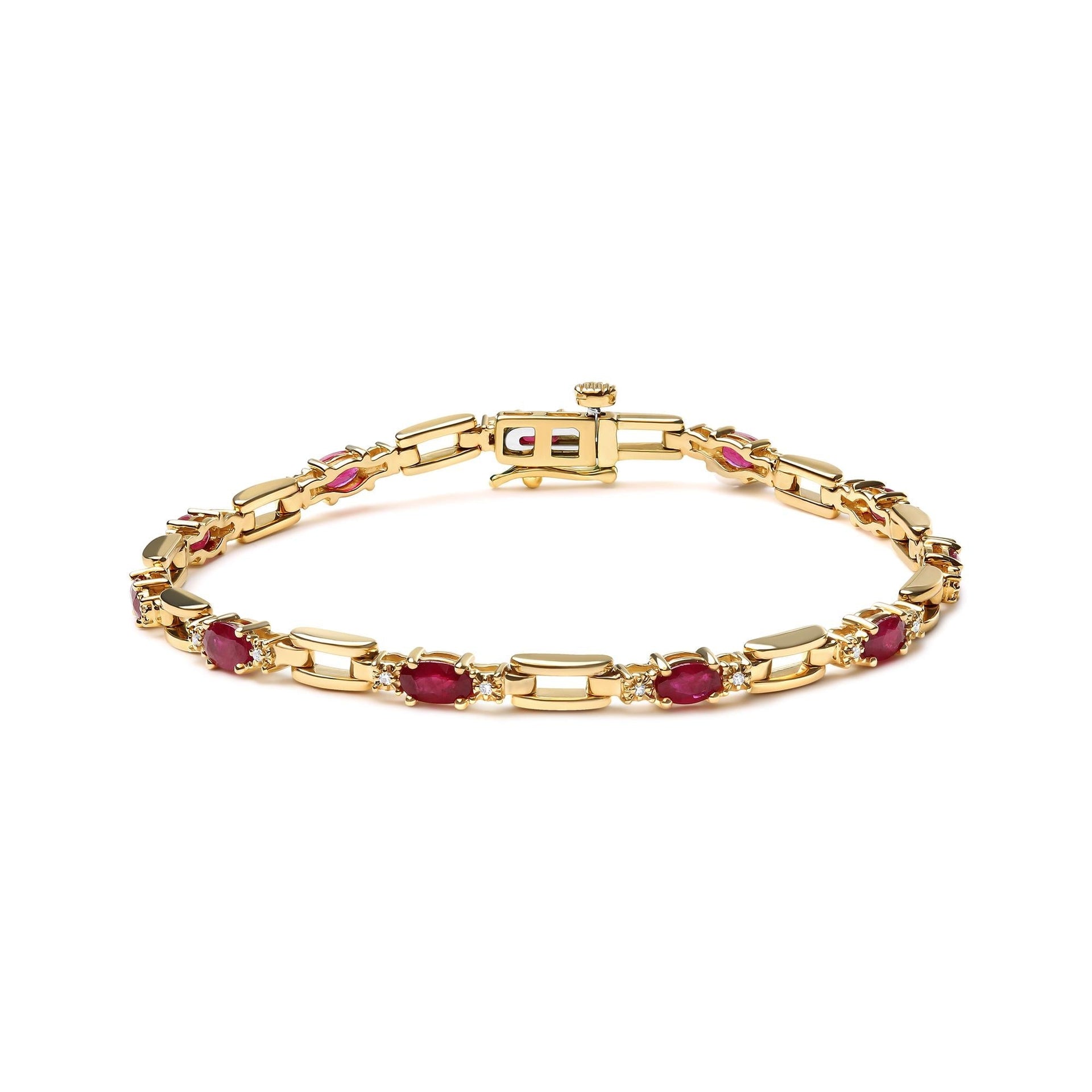 10K Yellow Gold Oval Ruby and 1/10 Cttw Diamond Bar Prong Set Bracelet (H-I Color, SI1-SI2 Clarity)  - Size 7'