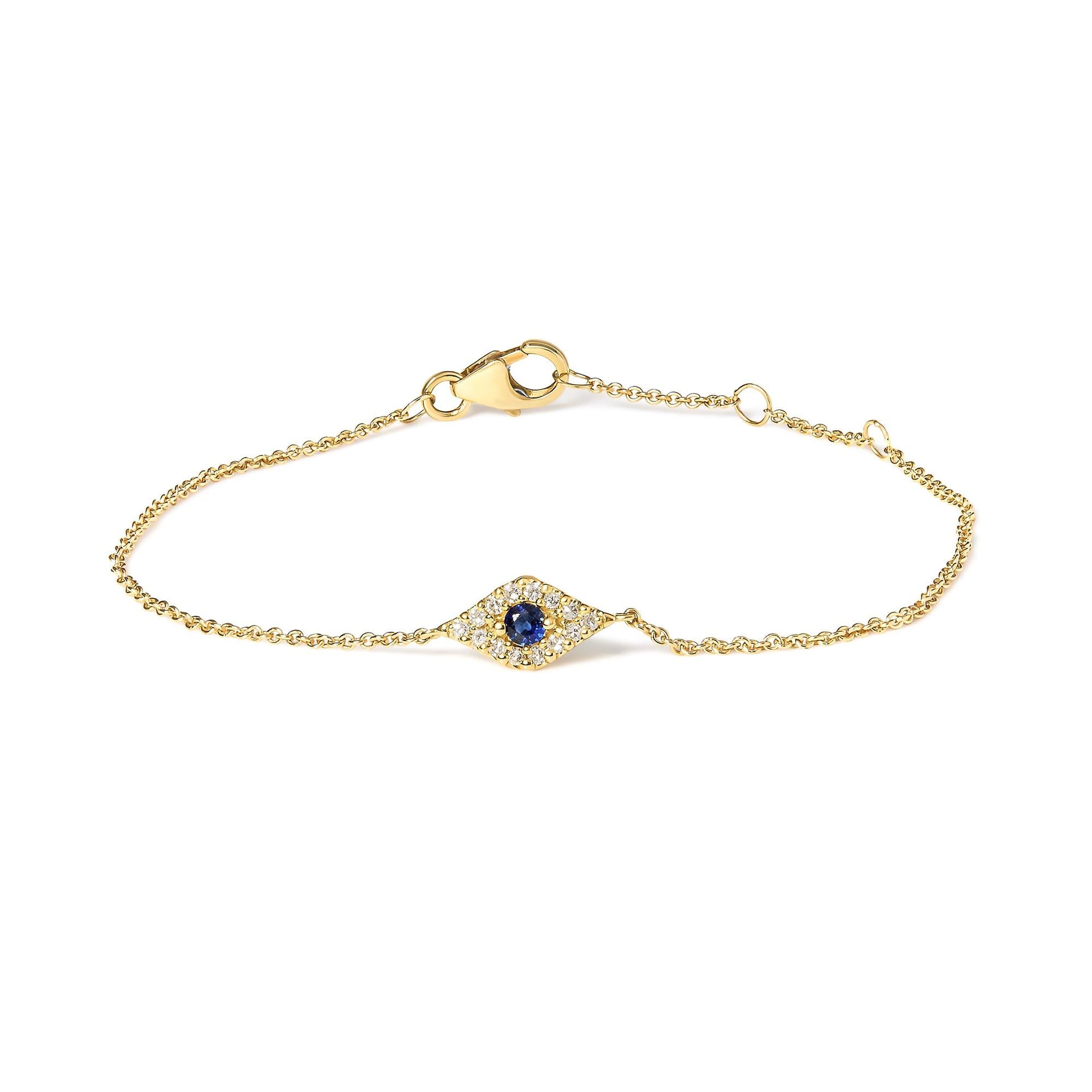 10K Yellow Gold Blue Sapphire and Diamond Accent Evil Eye Station Link Bracelet  (H-I Color, I1-I2 Clarity) - Size 7'
