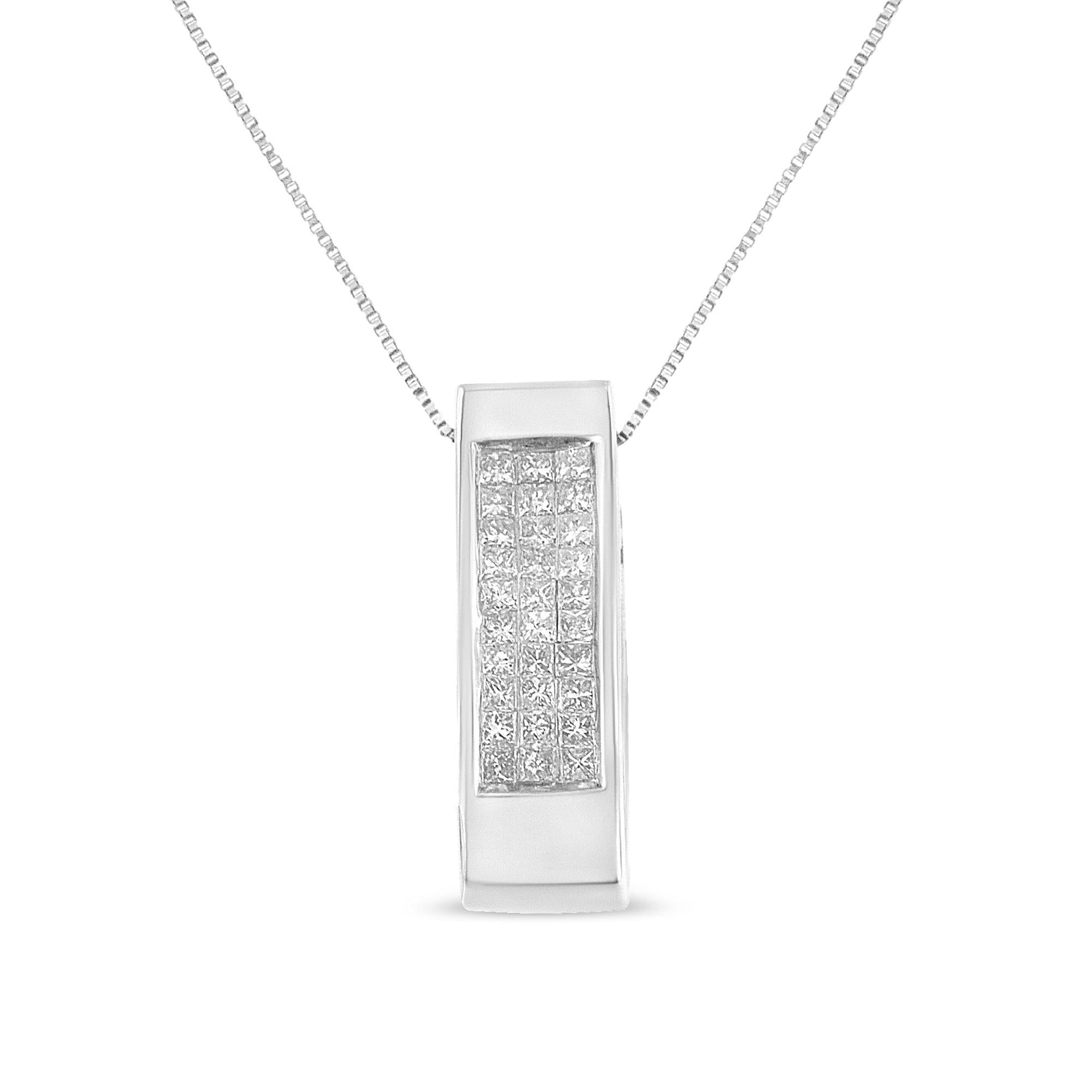 14K Gold 1/2 Cttw Invisible Set Princess Cut Diamond Vertical Bar Block Pendant 18' Necklace (H-I Color, SI2-I1 Clarity)
