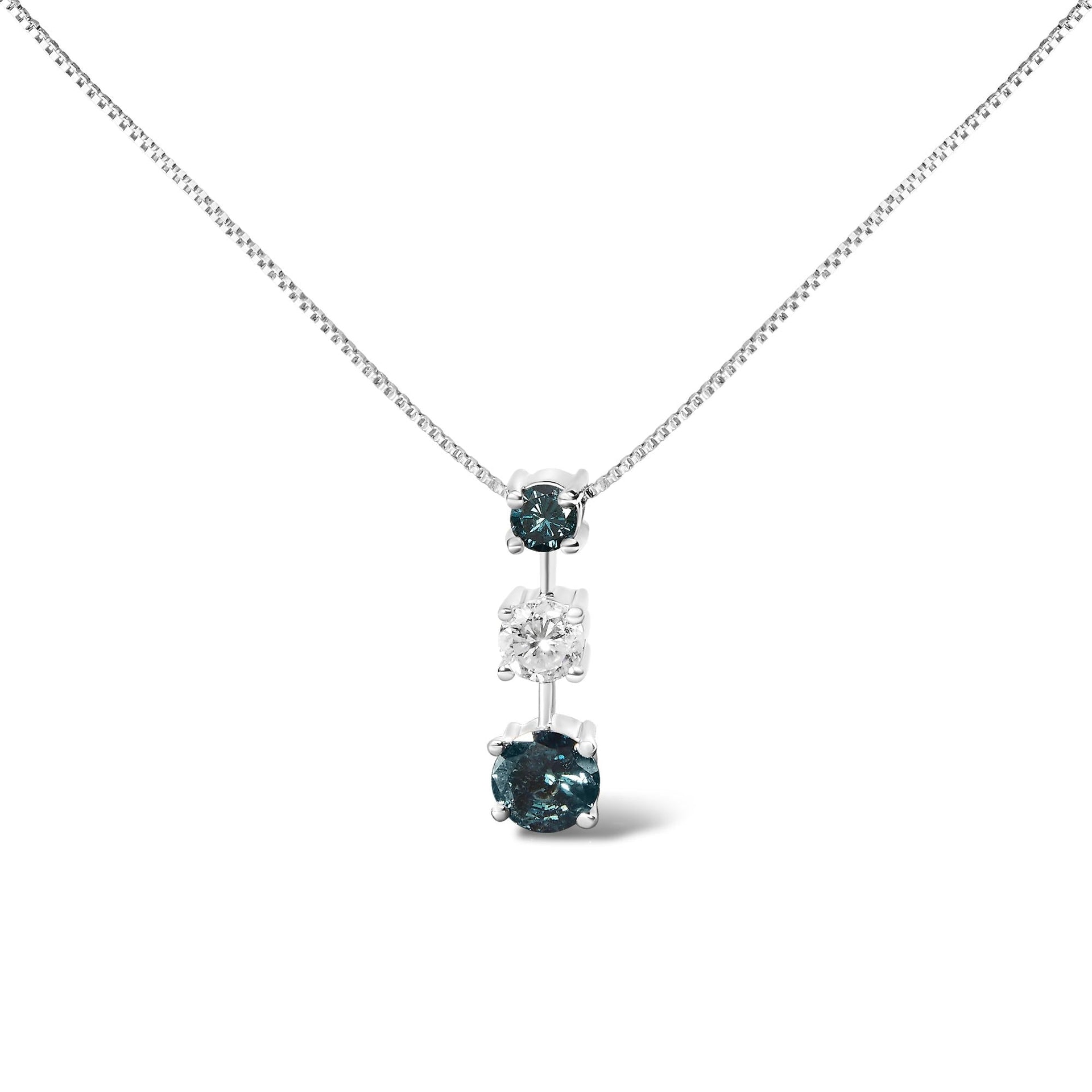 14K White Gold 1 1/2 Cttw Treated Blue and White Diamond 3-Stone 18' Pendant Necklace (Blue/H-I Color, I1-I2 Clarity)