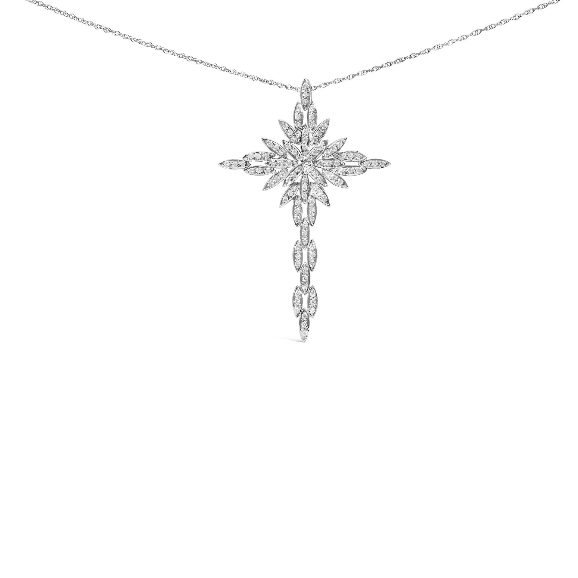 14K White Gold 1.0 Cttw Cocktail Cluster Cross 18' Pendant Necklace (H-I Color, SI1-SI2 Clarity)