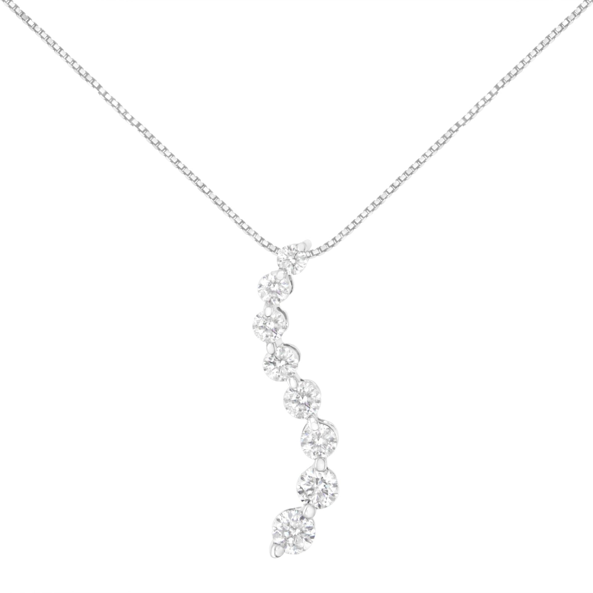 14K White Gold 3.0 Cttw Round-Brilliant & Baguette Cut Diamond S Shaped Graduated 18' Pendant Necklace (I-J Color, I2-I3 Clarity)