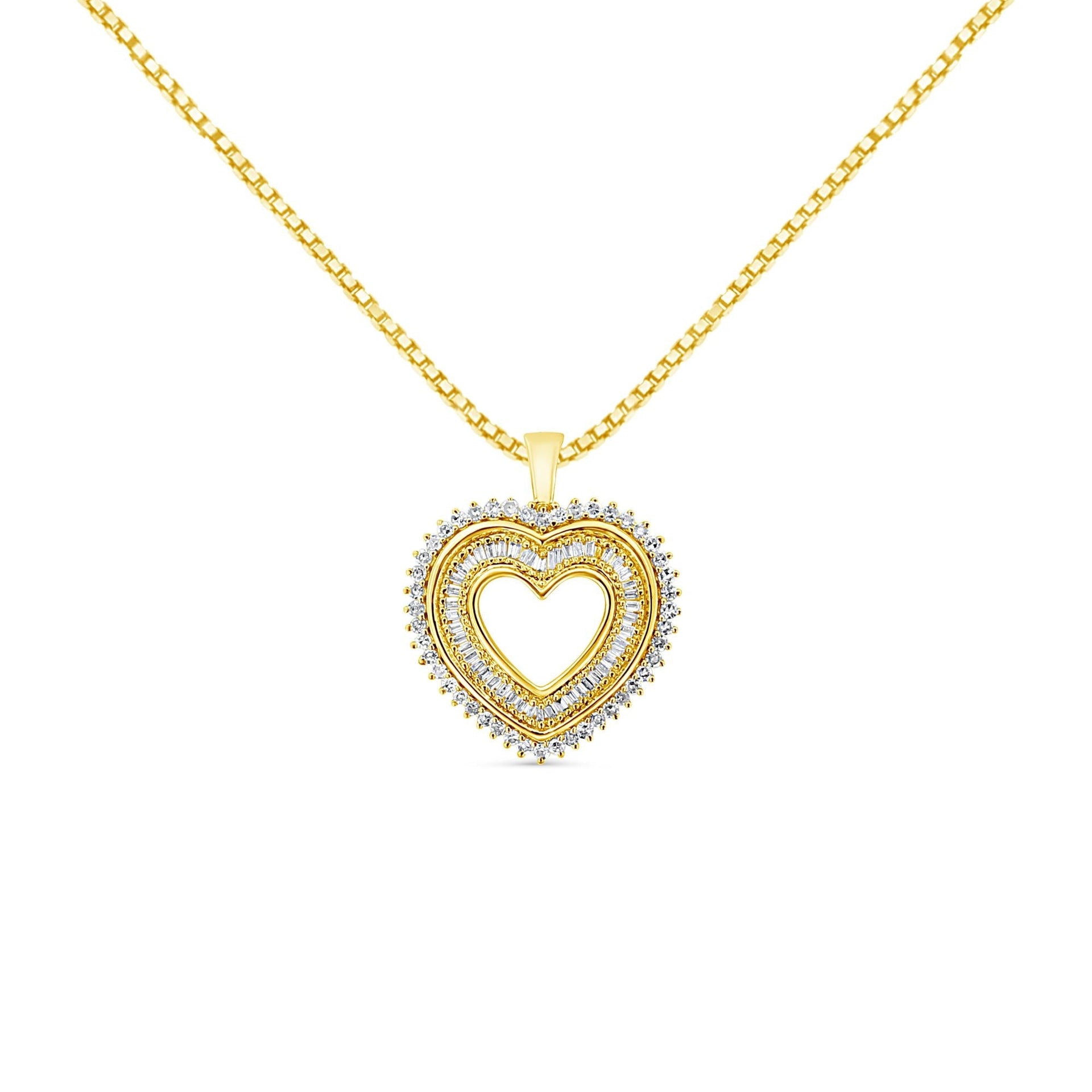 14K Yellow Gold Plated .925 Sterling Silver 1.0 Cttw Round and Baguette-Cut Diamond Composite Hearth 18' Pendant Necklace (I-J Color, I1-I2 Clarity)