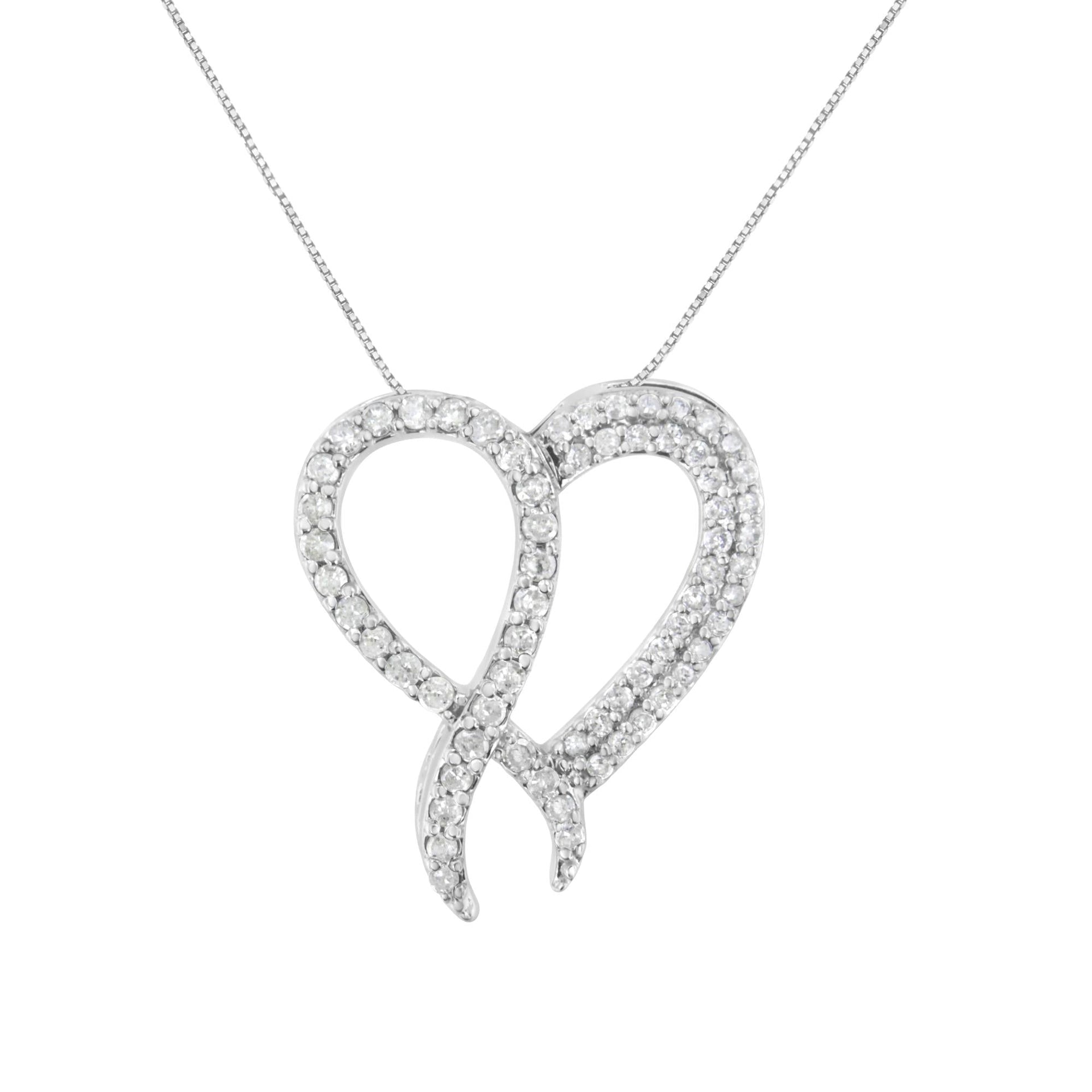 .925 Sterling Silver 1 cttw Diamond Heart and Ribbon 18' Pendant Necklace (I-J Clarity, I2-I3 Color) - 18'