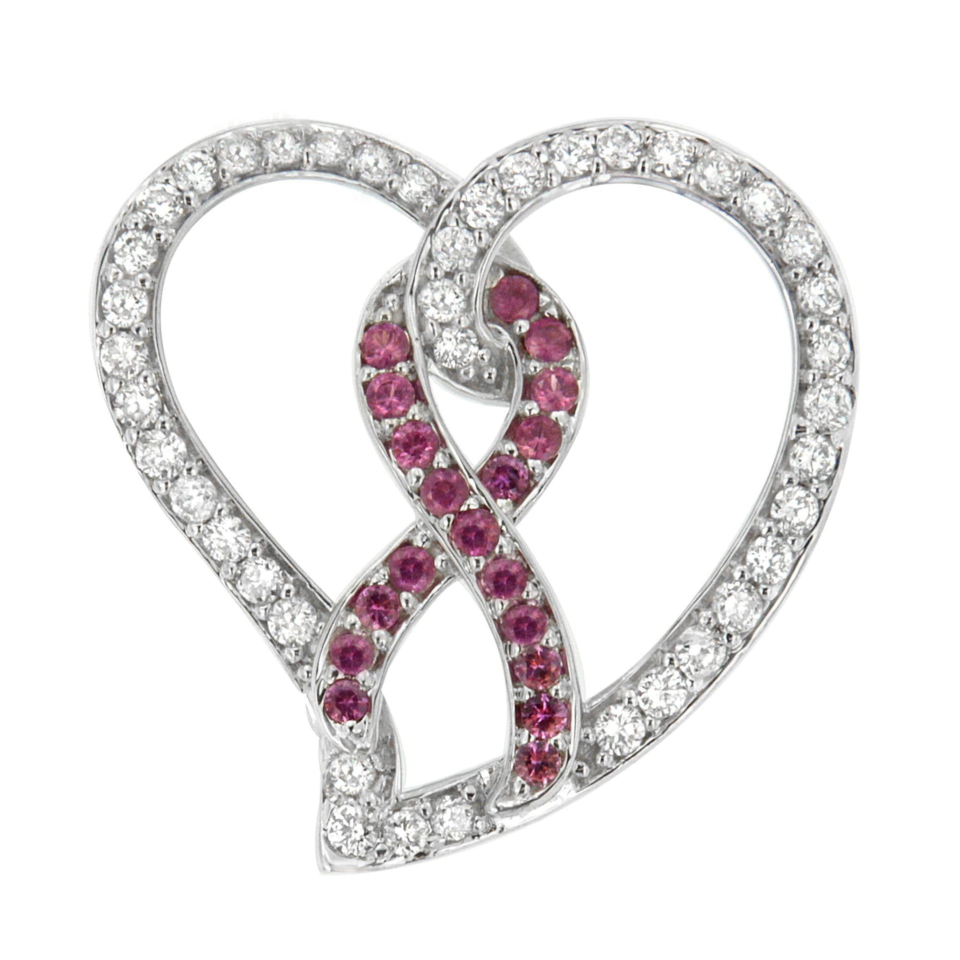 14K White Gold 3/4 Cttw White Diamond Awareness Ribbon & Open Heart 18' Pendant Necklace (H-I Color, I1-I2 Clarity) - 3/8 Cttw Created Pink Sapphire Ribbon