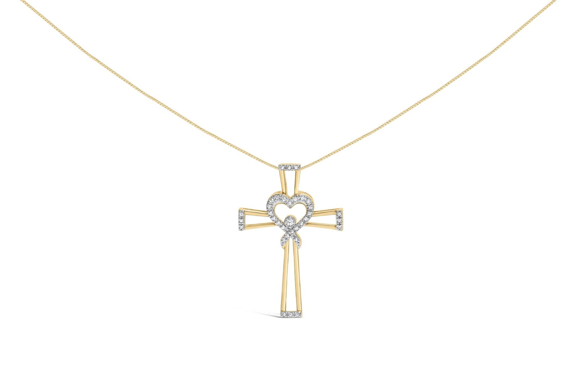 14K Yellow Gold Plated .925 Sterling Silver 1/6 Cttw Diamond Interlocking Heart and Ribbon Cross Pendant Necklace (H-I Color, I2-I3 Clarity) - 18' Inches