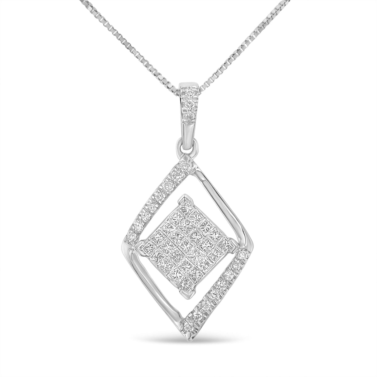 10k White Gold 1/3 Cttw Round and Princess-Cut Diamond Double Triangle 18' Pendant Necklace (H-I Color, SI1-SI2 Clarity)