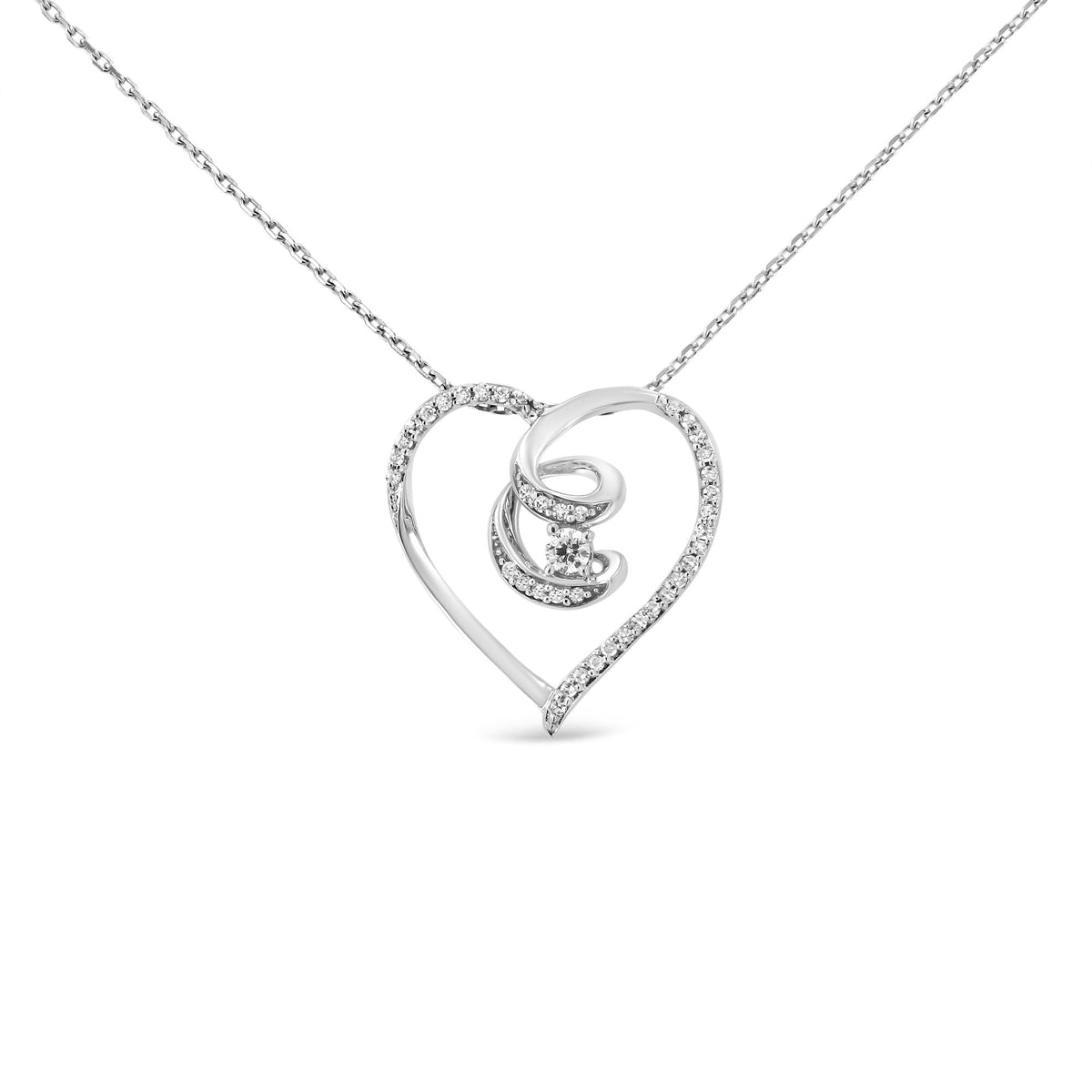 .925 Sterling Silver 1/4 Cttw Brilliant-Cut Diamond Open Heart Twisted Awareness Ribbon 18' Pendant Necklace (H-I Color, I1-I2 Clarity)