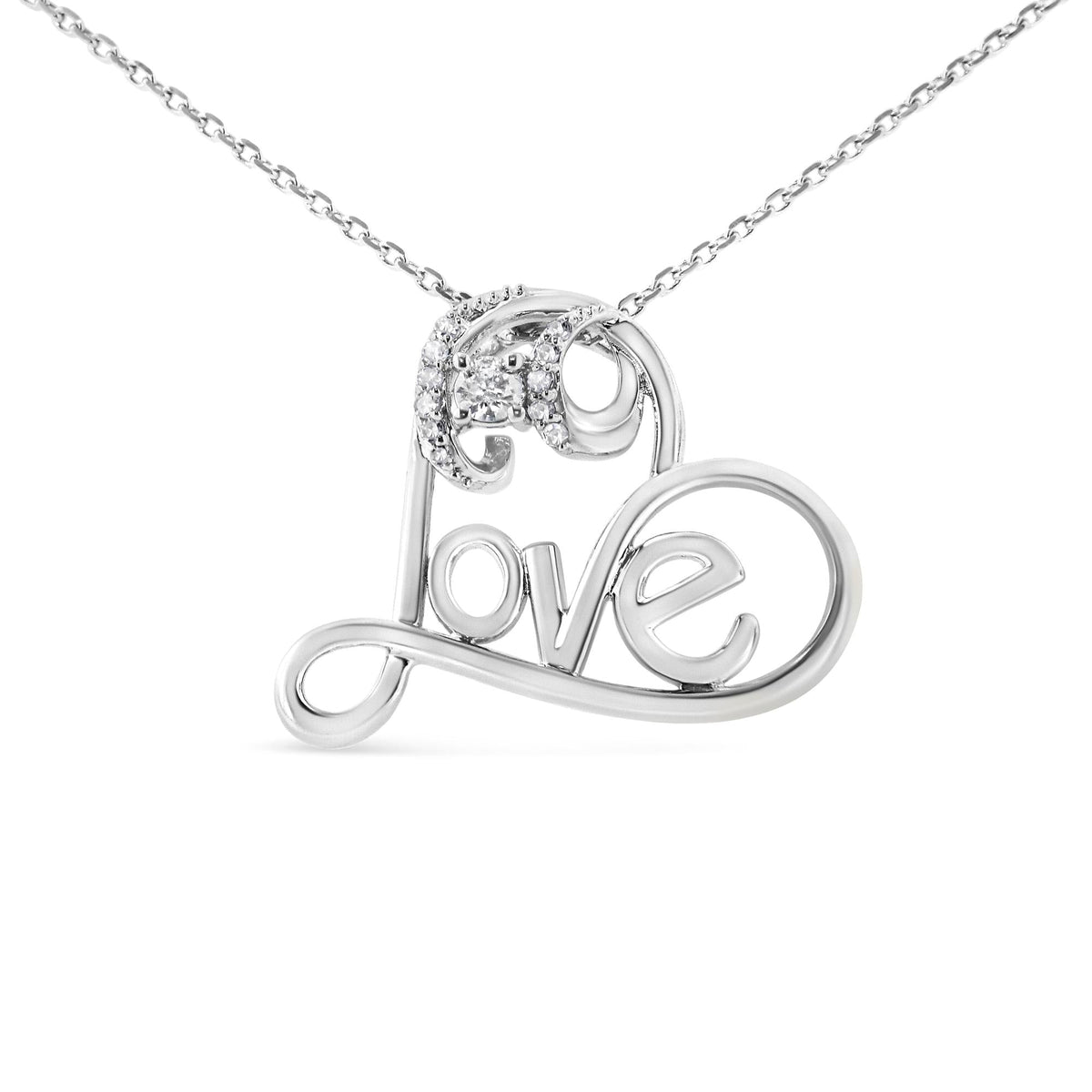 .925 Sterling Silver 1/10 Cttw Round Brilliant-Cut Diamond Accented Open Heart with Love 18' Pendant Necklace (H-I Color, I1-I2 Clarity)