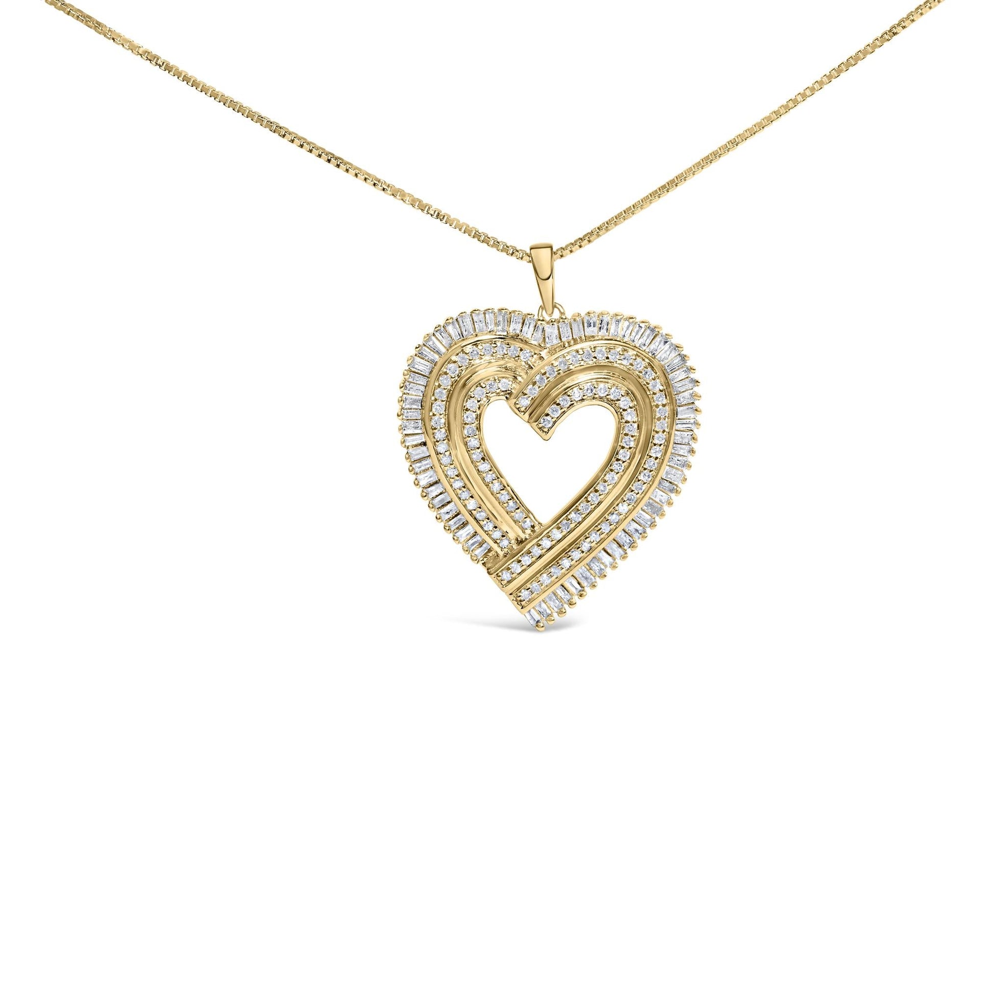 14K Yellow Gold Plated .925 Sterling Silver 1/4 Cttw Round and Baguette-Cut Diamond Composite Heart 18' Pendant Necklace (H-I Color, SI2-I1 Clarity)