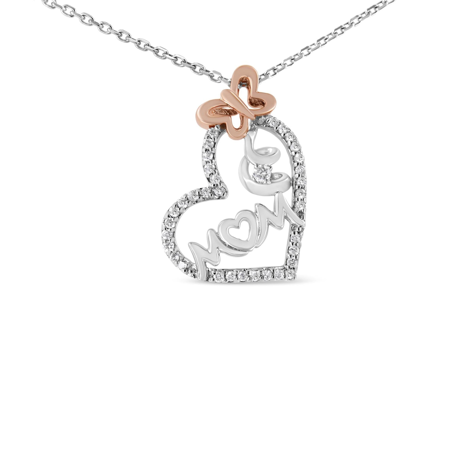 Two Tone .925 Sterling Silver 1/5 cttw Diamond 'Mom' and Heart Pendant Necklace (H-I, I1-I2)