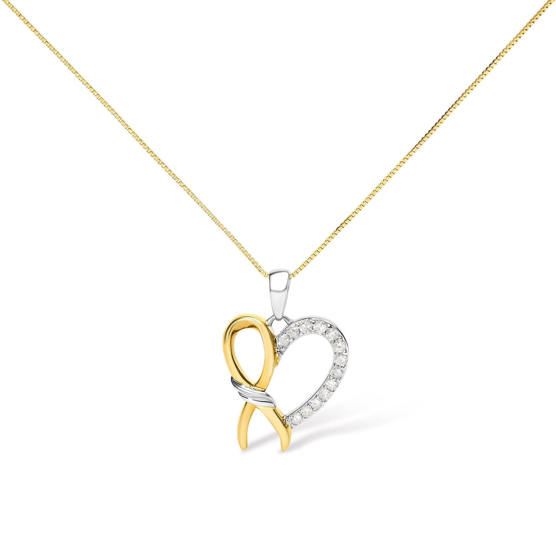 10K Yellow Gold Plated .925 Sterling Silver 1/5 Cttw Diamond Ribbon Heart Pendant Necklace (H-I Color, I2-I3 Clarity) - 18'