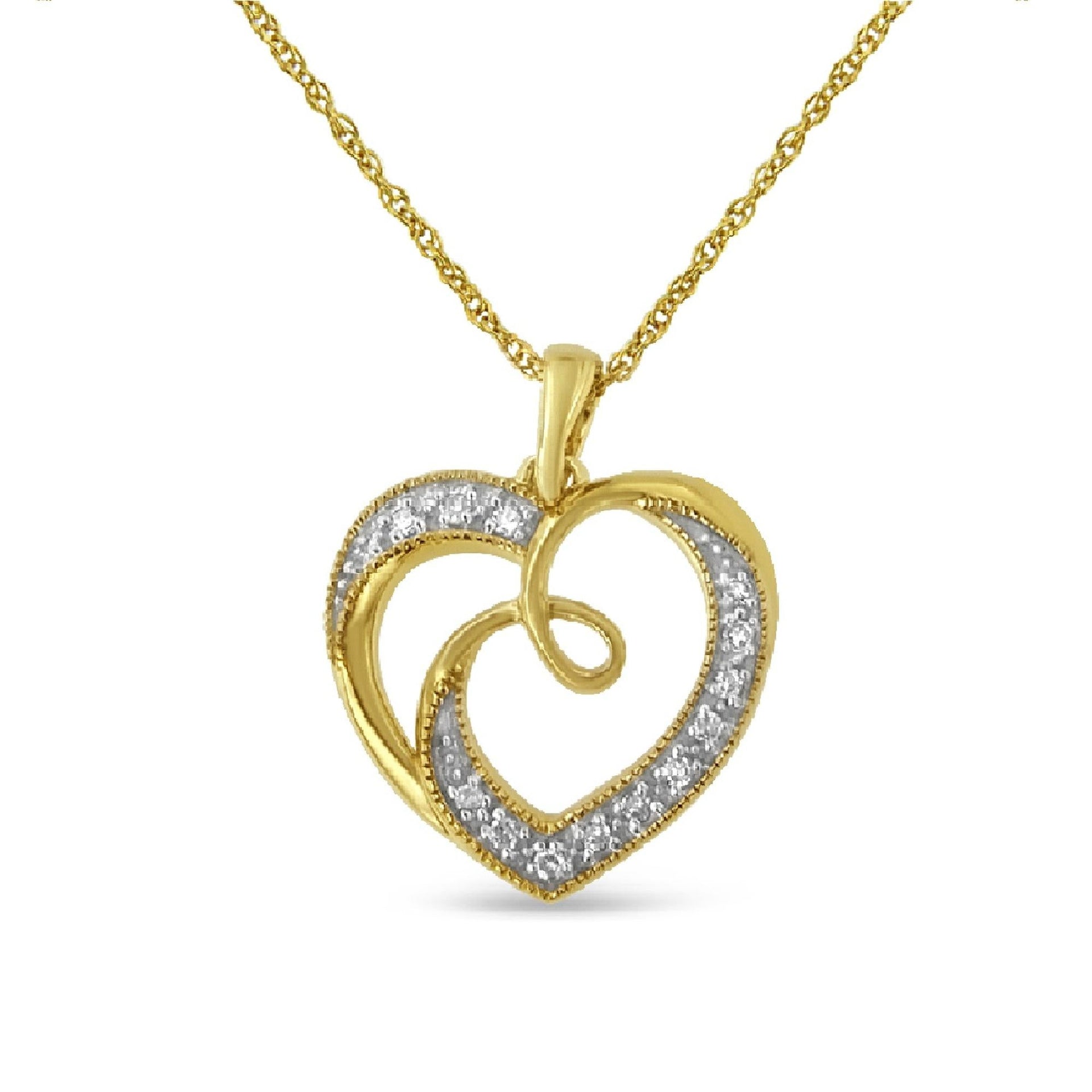 14K Yellow Gold Plated .925 Sterling Silver Diamond Accent Ribbon & Heart 18' Pendant Necklace (H-I Color, I2-I3 Clarity)