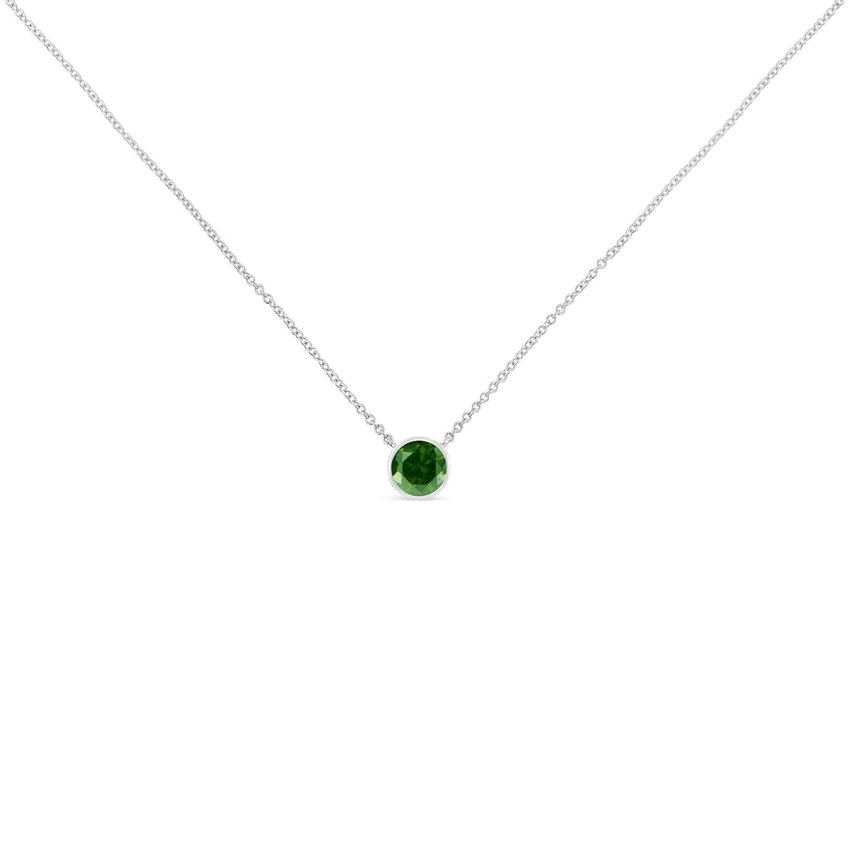 .925 Sterling Silver 1/5 Cttw Bezel Set Solitaire Treated Green Diamond 18' Pendant Necklace (Treated Green Color, I2-I3 Clarity)