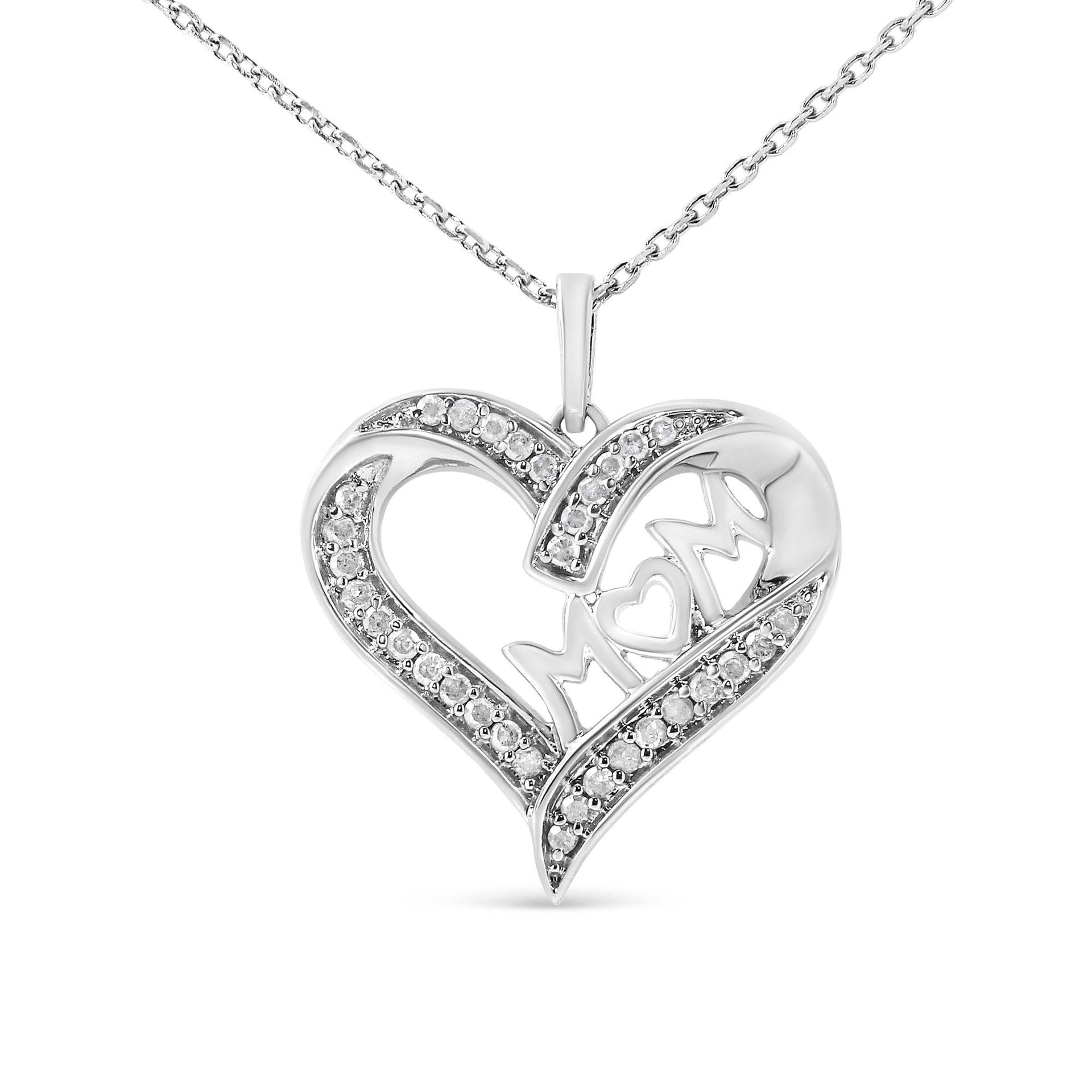 .925 Sterling Silver 1/4 cttw Diamond Engraved 'Mom' in Heart Pendant Necklace (I-J Color, I3 Clarity)
