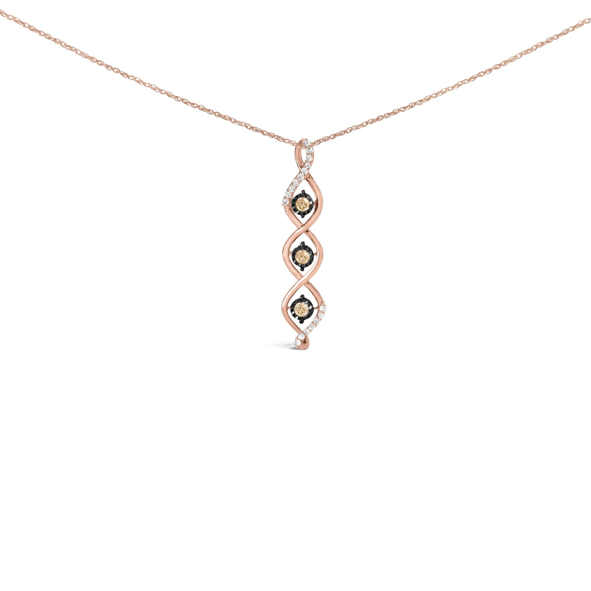 10K Two Toned Gold Plated .925 Sterling Silver 1/2 Cttw Round Diamond Twisted 18' Pendant Necklace (Champagne Color, I2-I3 Clarity)