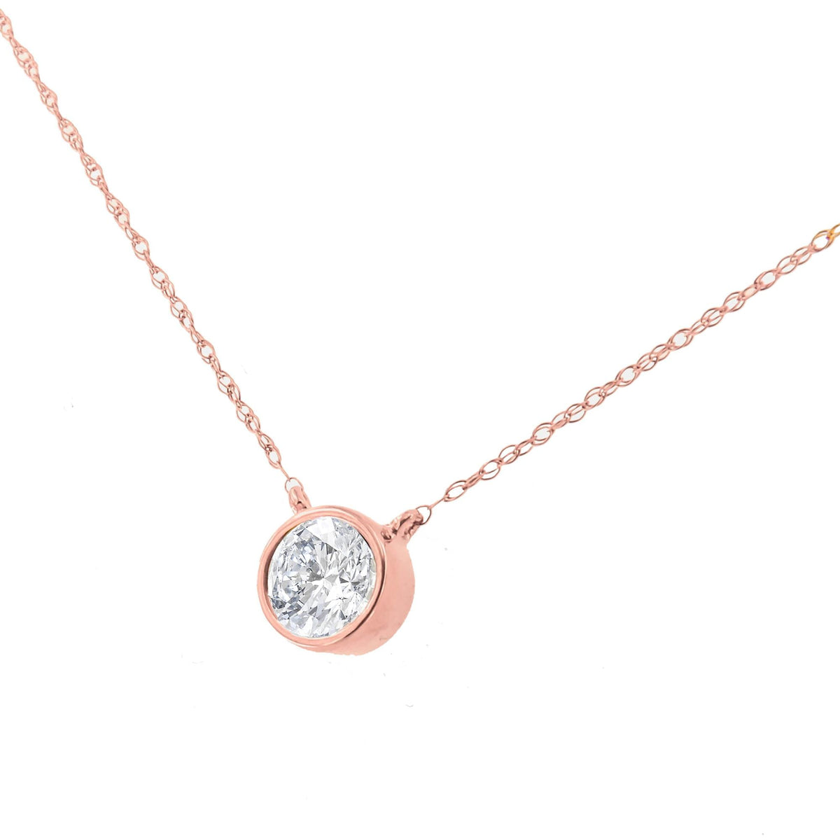 AGS Certified 10K Rose Gold 1/5 Cttw Bezel Set Round Diamond Solitaire 16-18' Adjustable Pendant Necklace (H-I Color, VS1-VS2 Clarity)