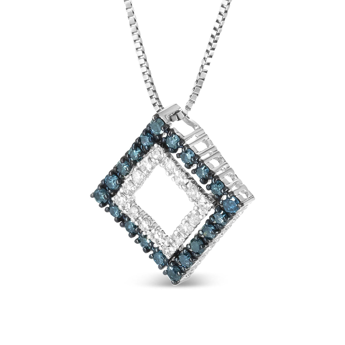 .925 Sterling Silver 1/2 Cttw Treated Blue and White Diamond Double Rhombus 18' Pendant Necklace (Blue/I-J Color, I2-I3 Clarity)